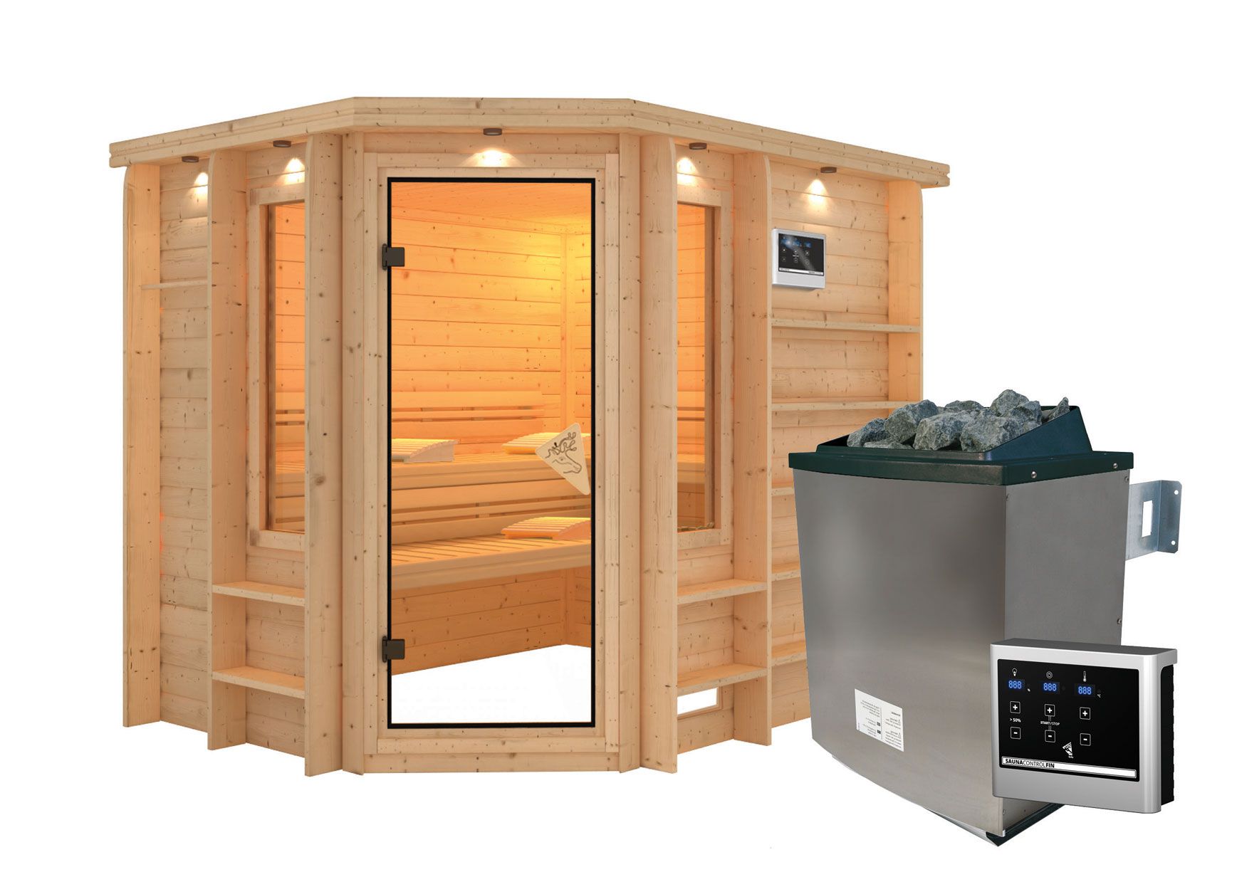 Sauna "Aril" SET mit bronzierter Tür & Ofen externe Steuerung easy 9 kW Edelstahl - 259 x 210 x 206 cm (B x T x H)