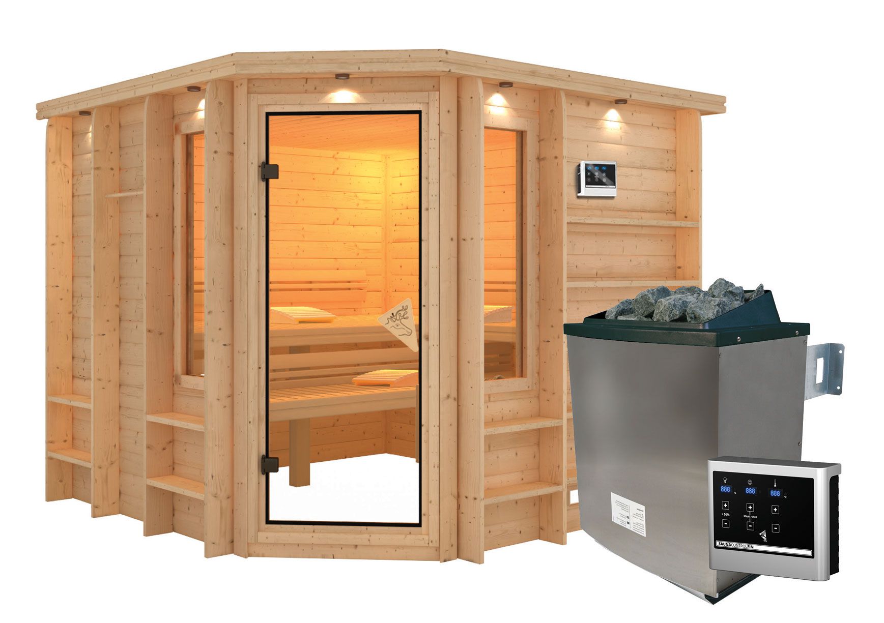 Sauna "Heline" SET mit bronzierter Tür & Ofen externe Steuerung easy 9 kW Edelstahl - 259 x 245 x 206 cm (B x T x H)