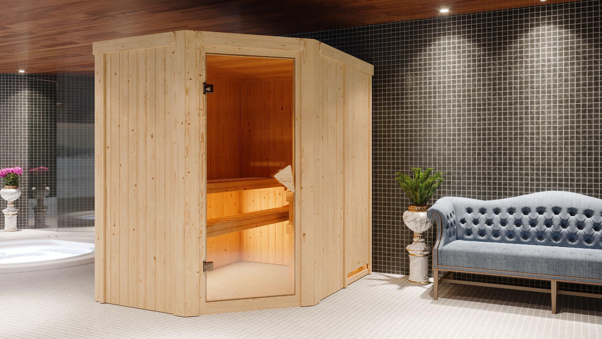 Sauna "Ole" mit bronzierter Tür - Farbe: Natur - 151 x 196 x 198 cm (B x T x H)