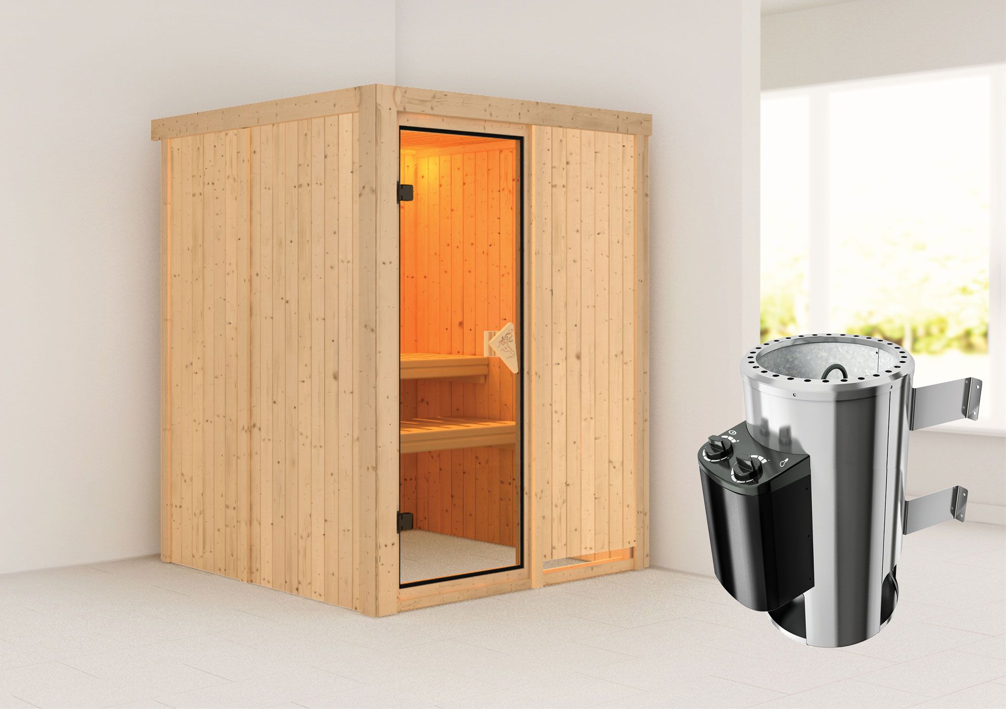 Sauna "Joran" SET mit bronzierter Tür und Ofen 3,6 kW - 151 x 151 x 198 cm (B x T x H)