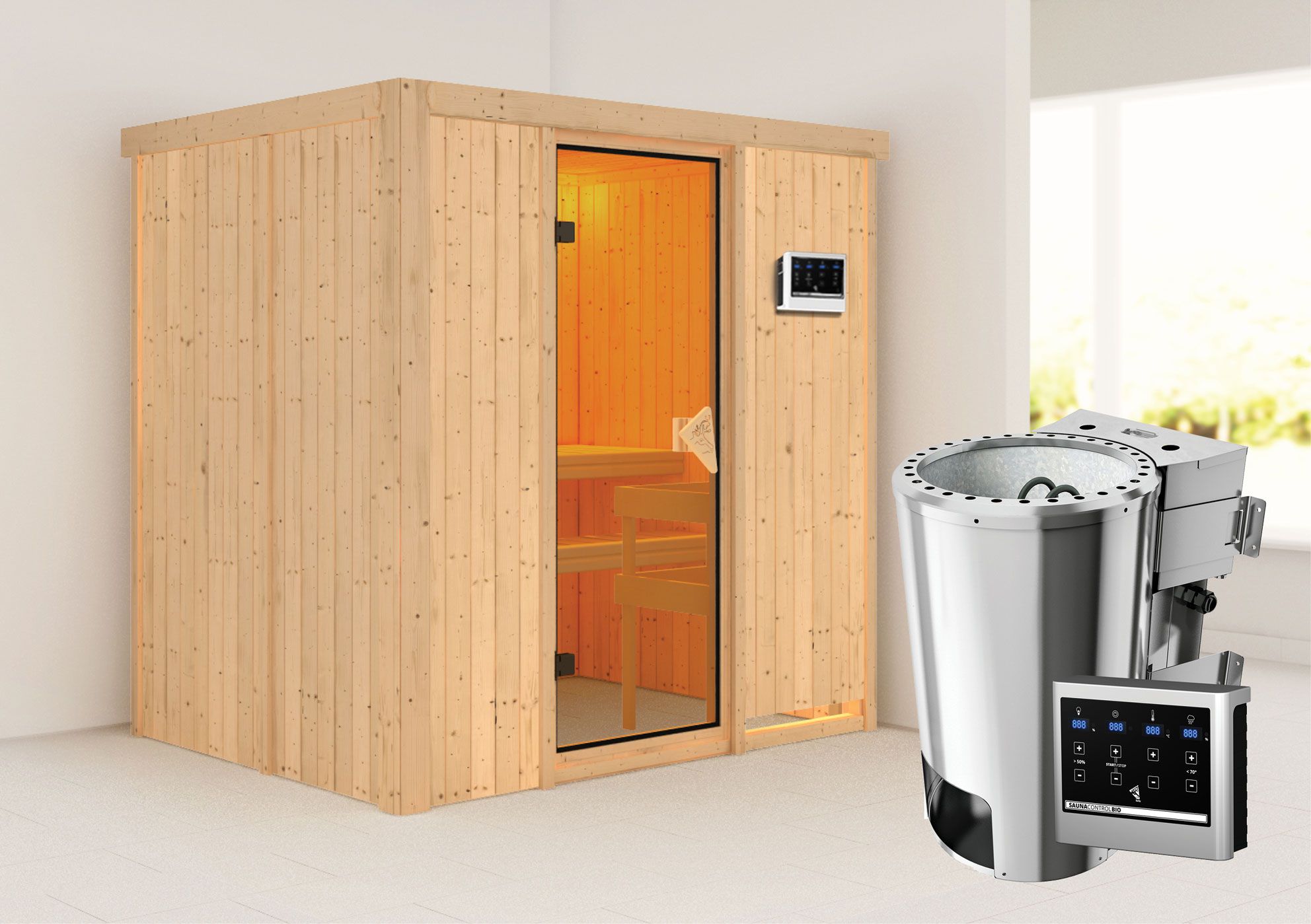 Sauna "Jarle" SET mit bronzierter Tür & Ofen BIO 3,6 kW - 196 x 151 x 198 cm (B x T x H)
