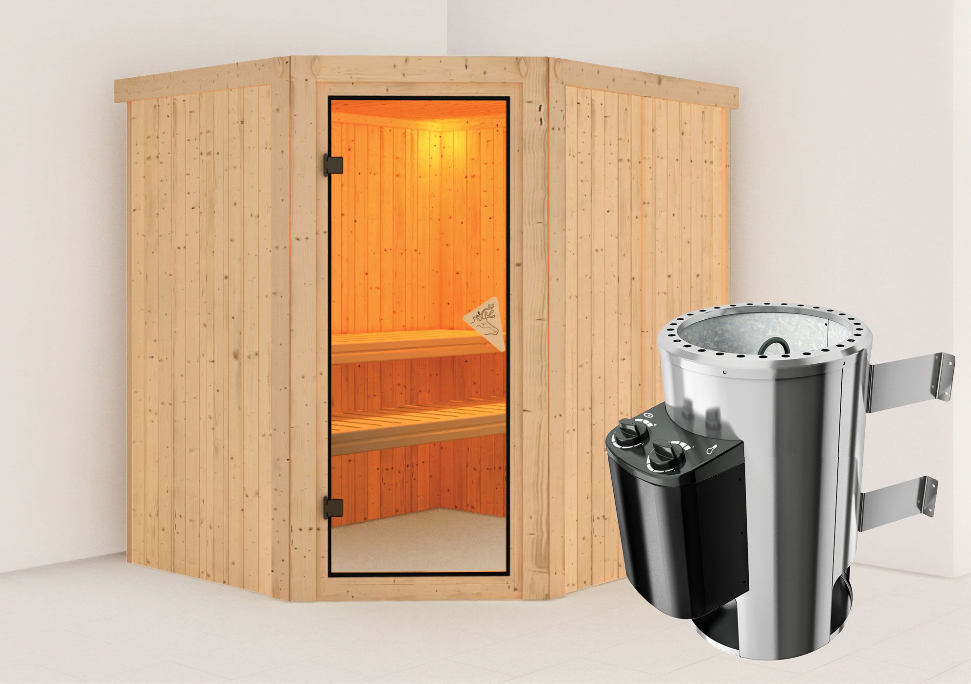 Sauna "Askjell" SET mit bronzierter Tür & Ofen 3,6 kW - 196 x 170 x 198 cm (B x T x H)