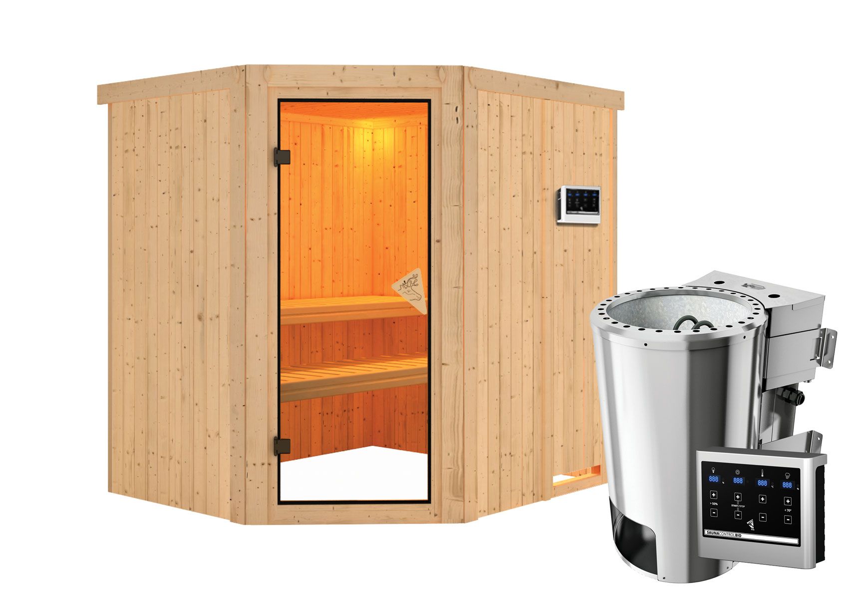 Sauna "Askjell" SET mit bronzierter Tür und Ofen BIO 3,6 kW - 196 x 170 x 198 cm (B x T x H)