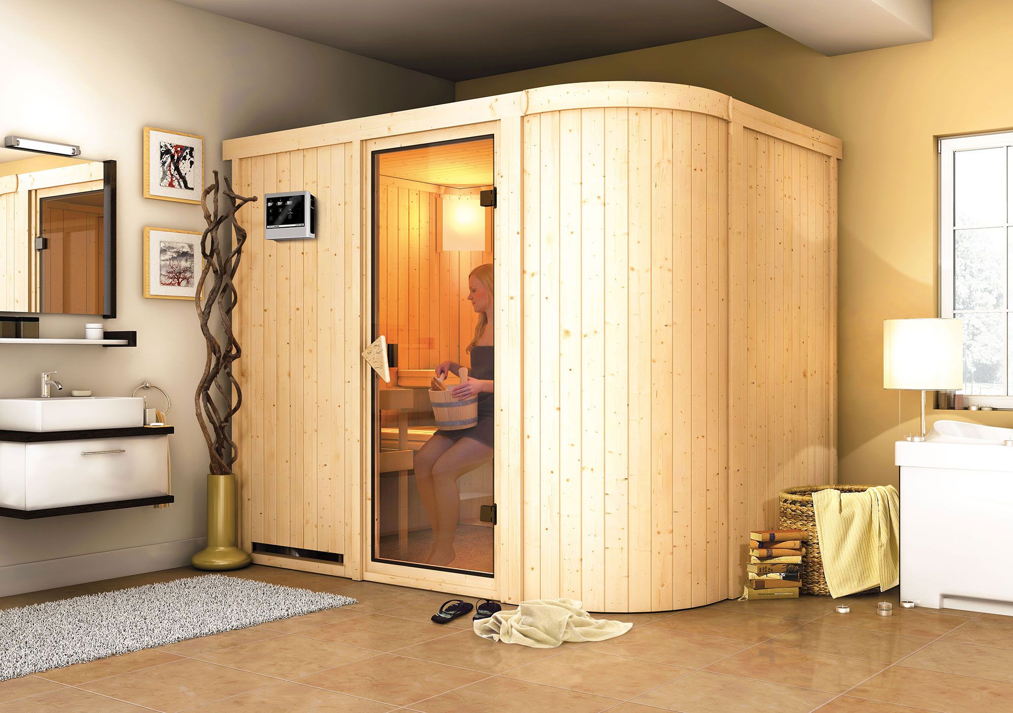 Sauna "Einar" SET mit bronzierter Tür & Ofen externe Steuerung easy 9 kW - 231 x 170 x 198 cm (B x T x H)