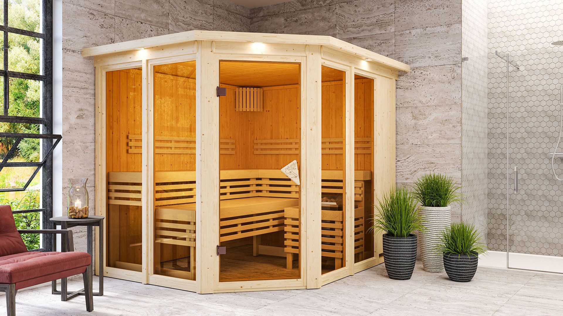Sauna "Alvara" mit bronzierter Tür und Kranz - Farbe: Natur - 245 x 210 x 202 cm (B x T x H)