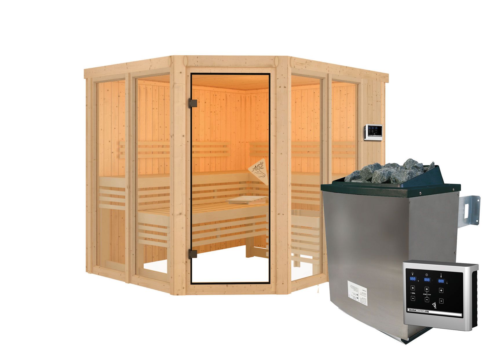 Sauna "Alvara" SET mit bronzierter Tür - Farbe: Natur, Ofen externe Steuerung easy 9 kW - 231 x 196 x 198 cm (B x T x H)