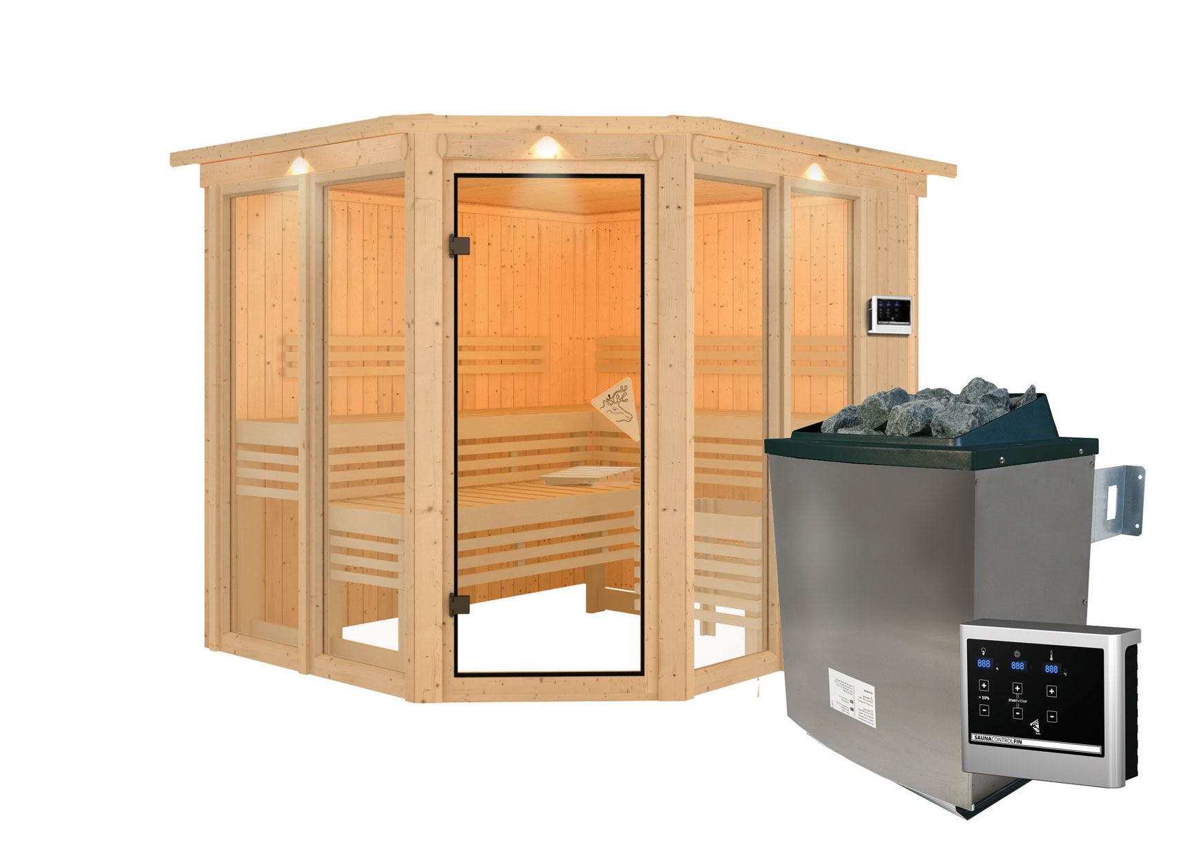 Sauna "Alvara" SET mit bronzierter Tür und Kranz - Farbe: Natur, Ofen externe Steuerung easy 9 kW - 245 x 210 x 202 cm (B x T x H)