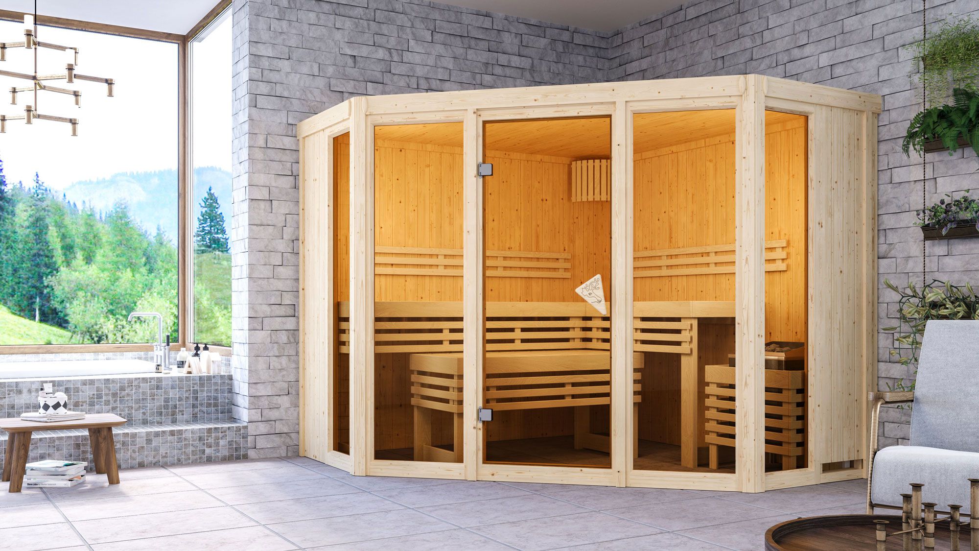 Sauna "Dilja" SET mit bronzierter Tür - Farbe: Natur, Ofen 9 kW - 231 x 231 x 198 cm (B x T x H)
