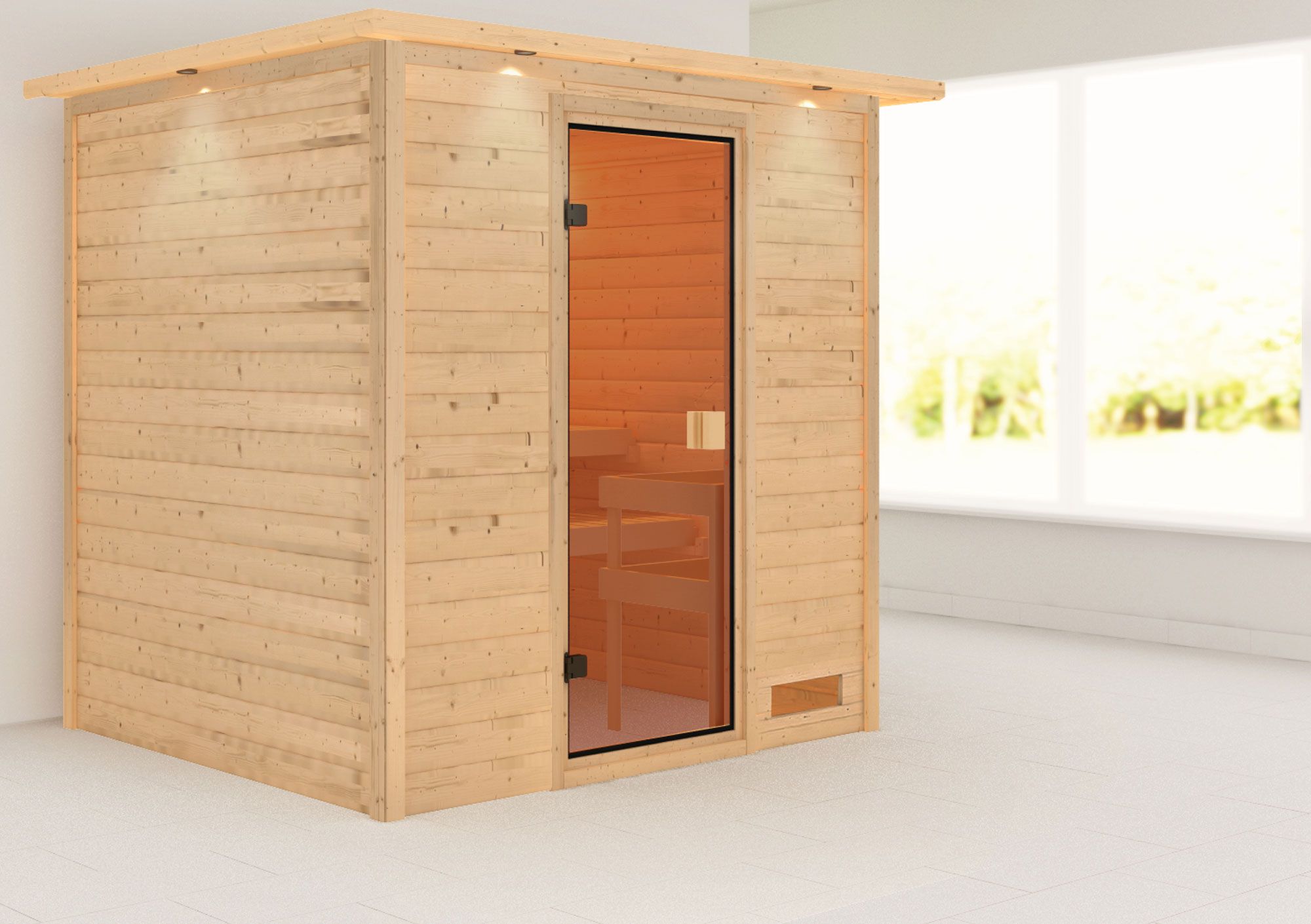Sauna "Sjur" mit bronzierter Tür und Kranz - Farbe: Natur - 223 x 183 x 191 cm (B x T x H)