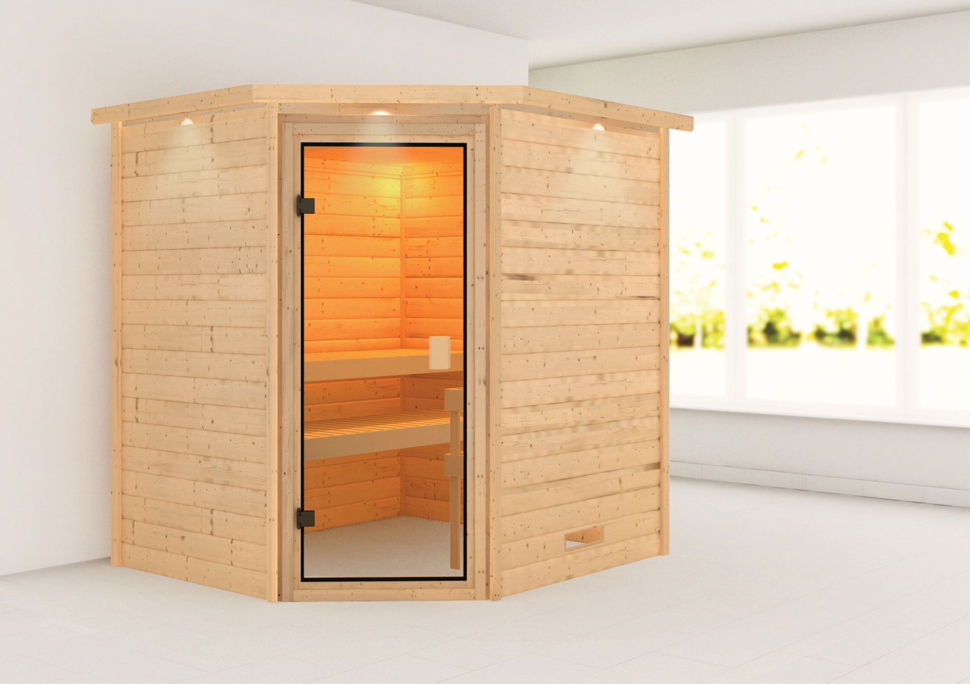 Sauna "Olai" mit bronzierter Tür und Kranz - Farbe: Natur - 223 x 183 x 191 cm (B x T x H)