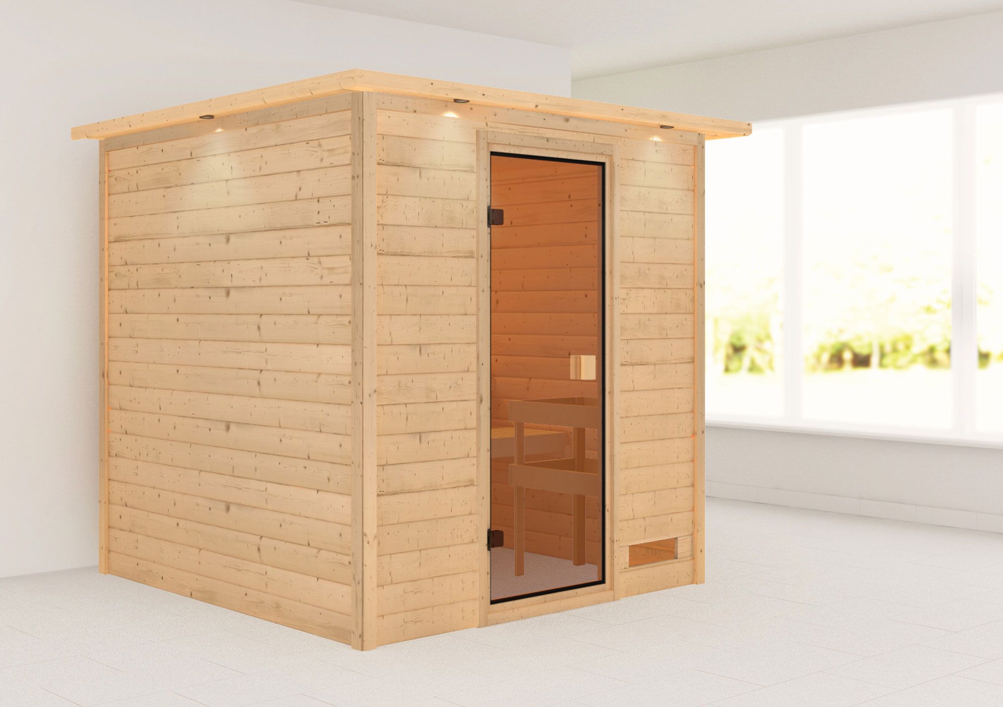 Sauna "Jesper" mit bronzierter Tür und Kranz - Farbe: Natur - 223 x 209 x 191 cm (B x T x H)