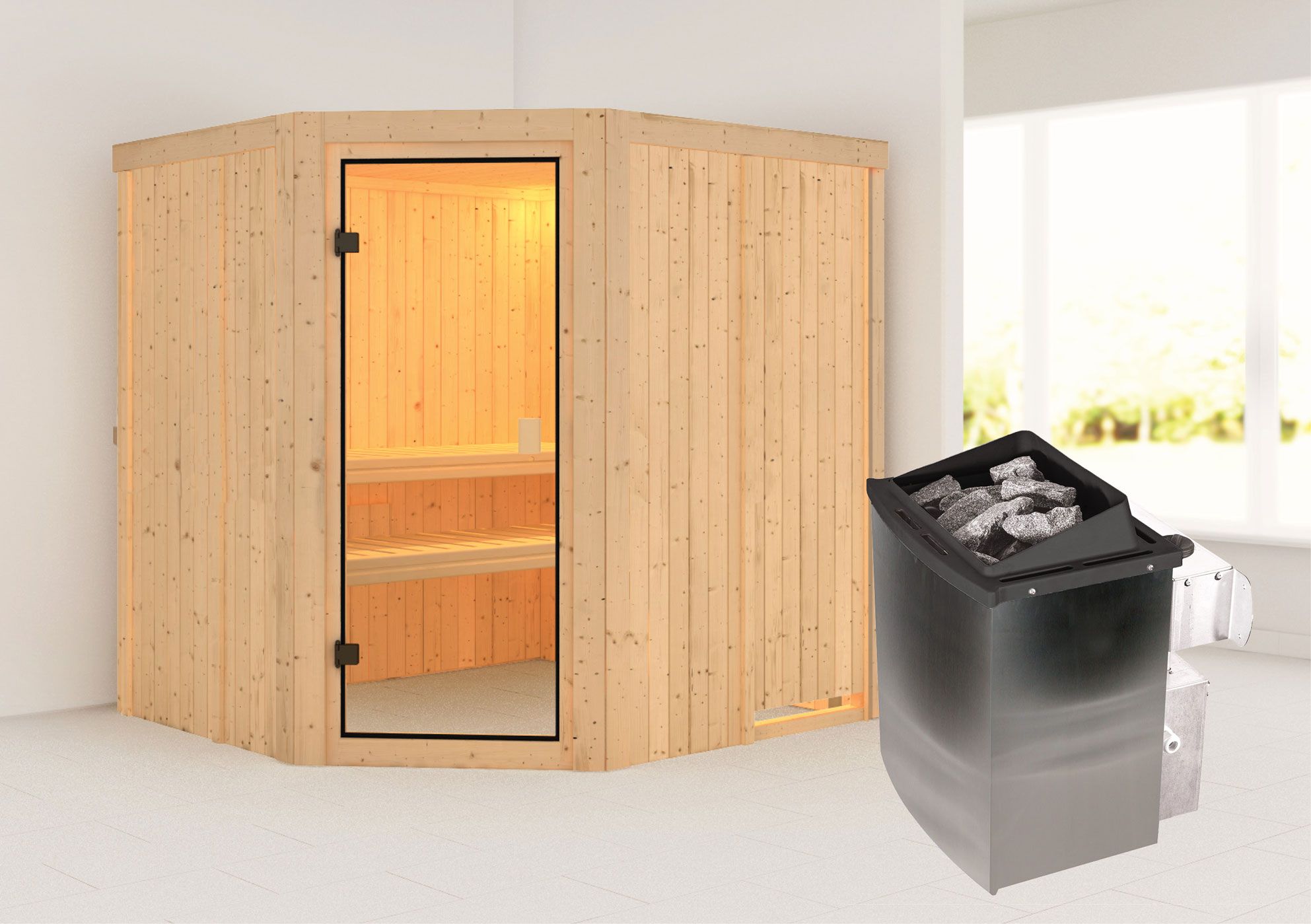 Sauna "Manadis" SET mit bronzierter Tür - Farbe: Natur, Ofen 9 kW - 196 x 178 x 198 cm (B x T x H)