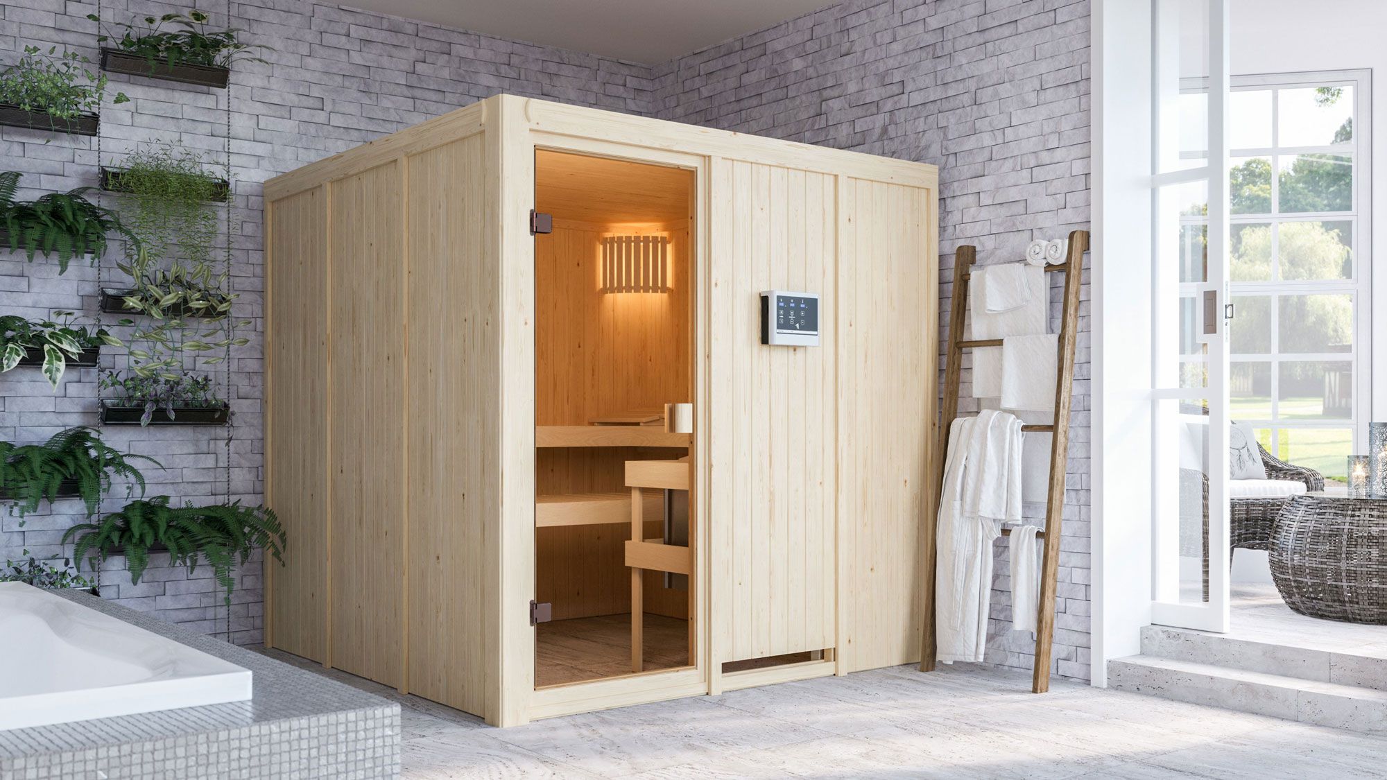 Sauna "Njola" SET mit bronzierter Tür - Farbe: Natur, Ofen externe Steuerung easy 9 kW - 196 x 196 x 198 cm (B x T x H)