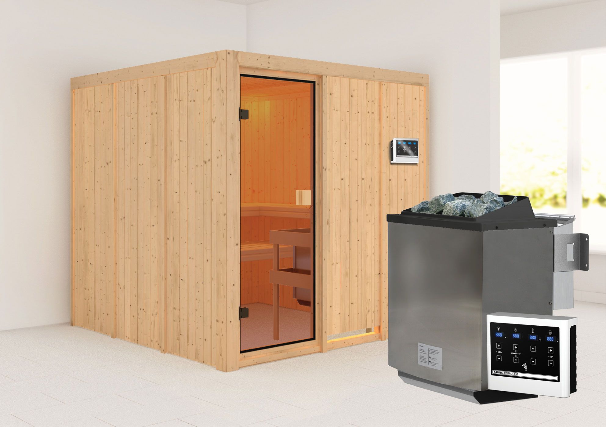 Sauna "Njola" SET mit bronzierter Tür - Farbe: Natur, Ofen BIO 9 kW - 196 x 196 x 198 cm (B x T x H)
