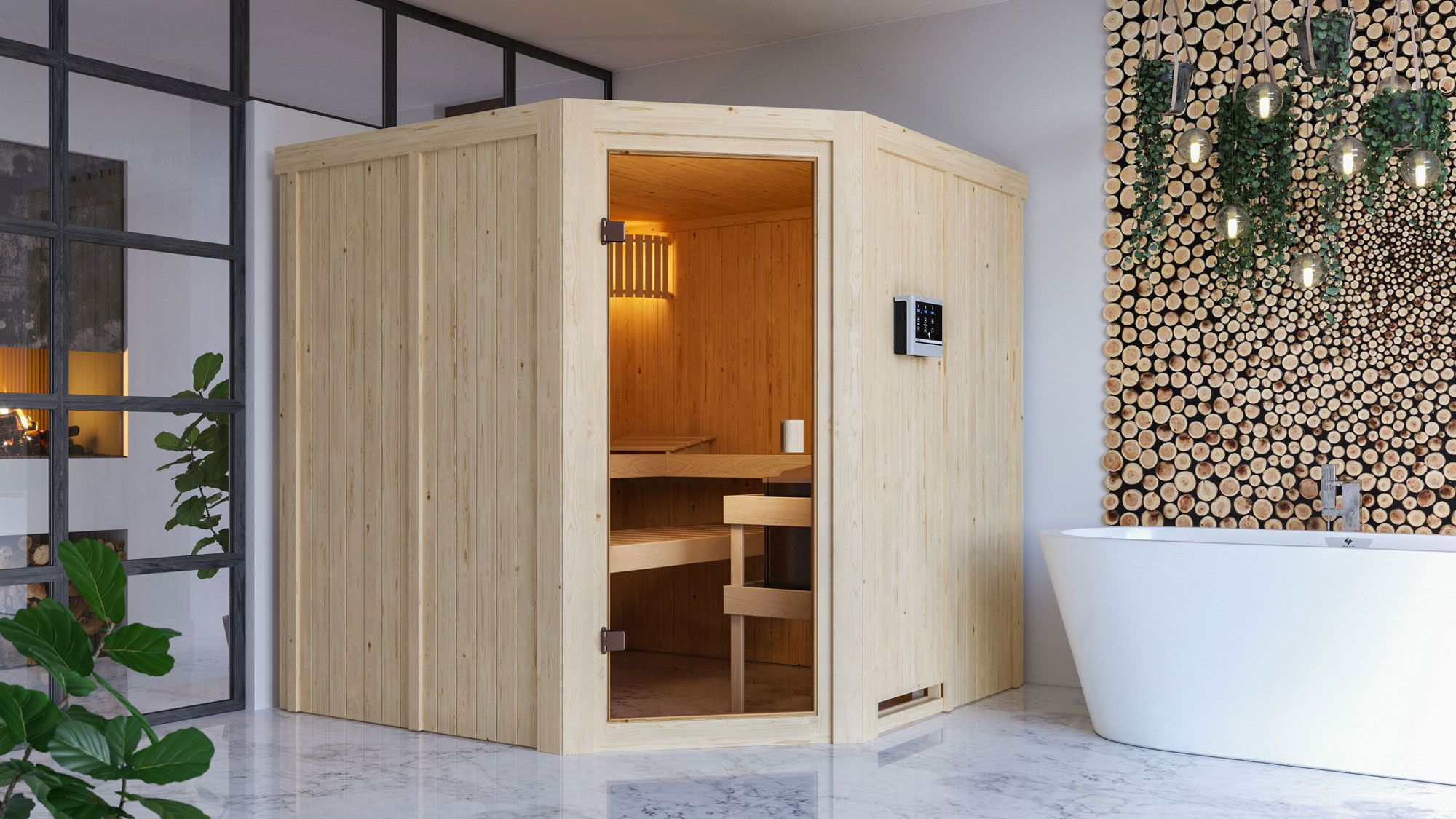 Sauna "Soley" SET mit bronzierter Tür - Farbe: Natur, Ofen externe Steuerung easy 9 kW - 196 x 196 x 198 cm (B x T x H)