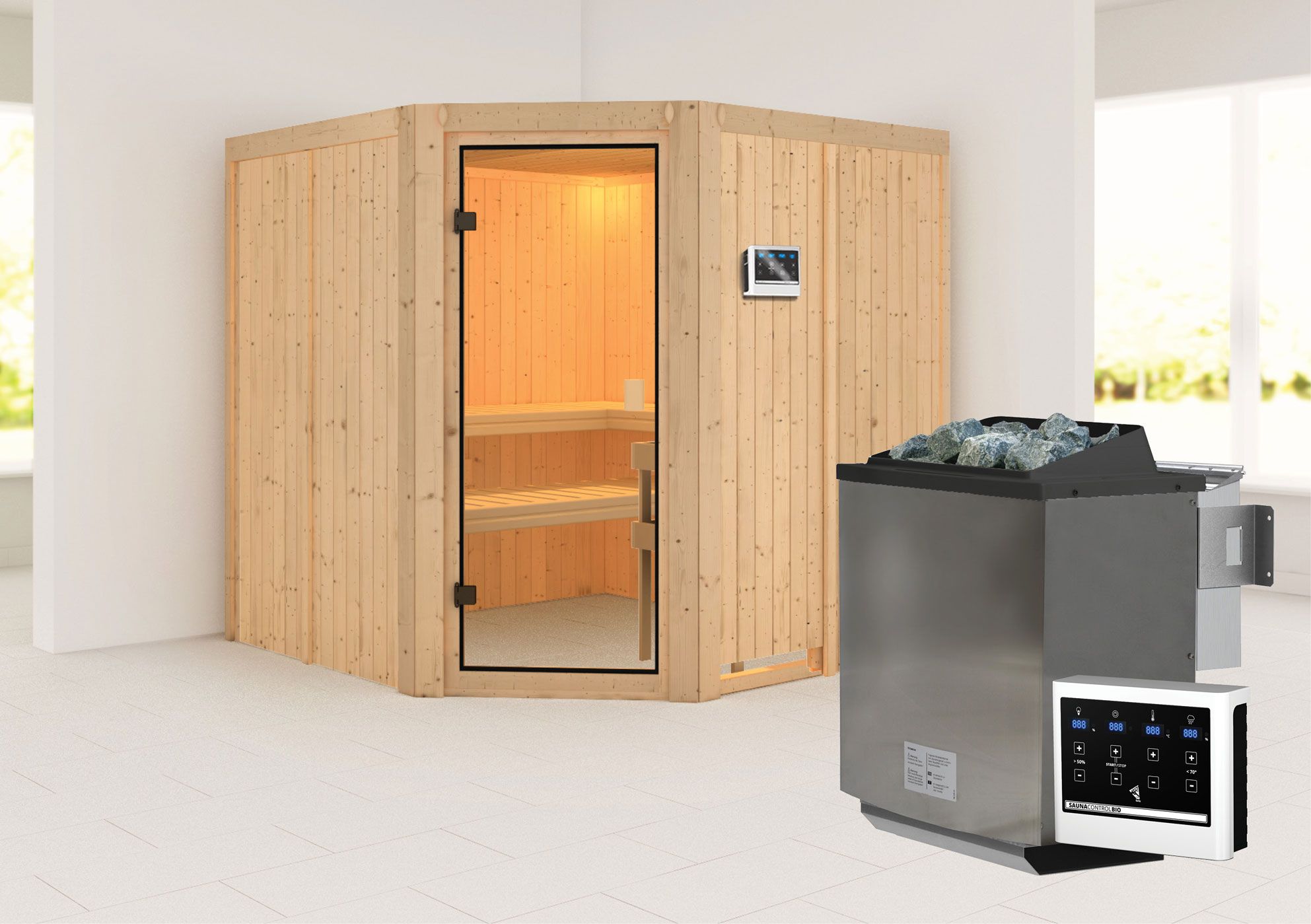 Sauna "Soley" SET mit bronzierter Tür - Farbe: Natur, Ofen BIO 9 kW - 196 x 196 x 198 cm (B x T x H)