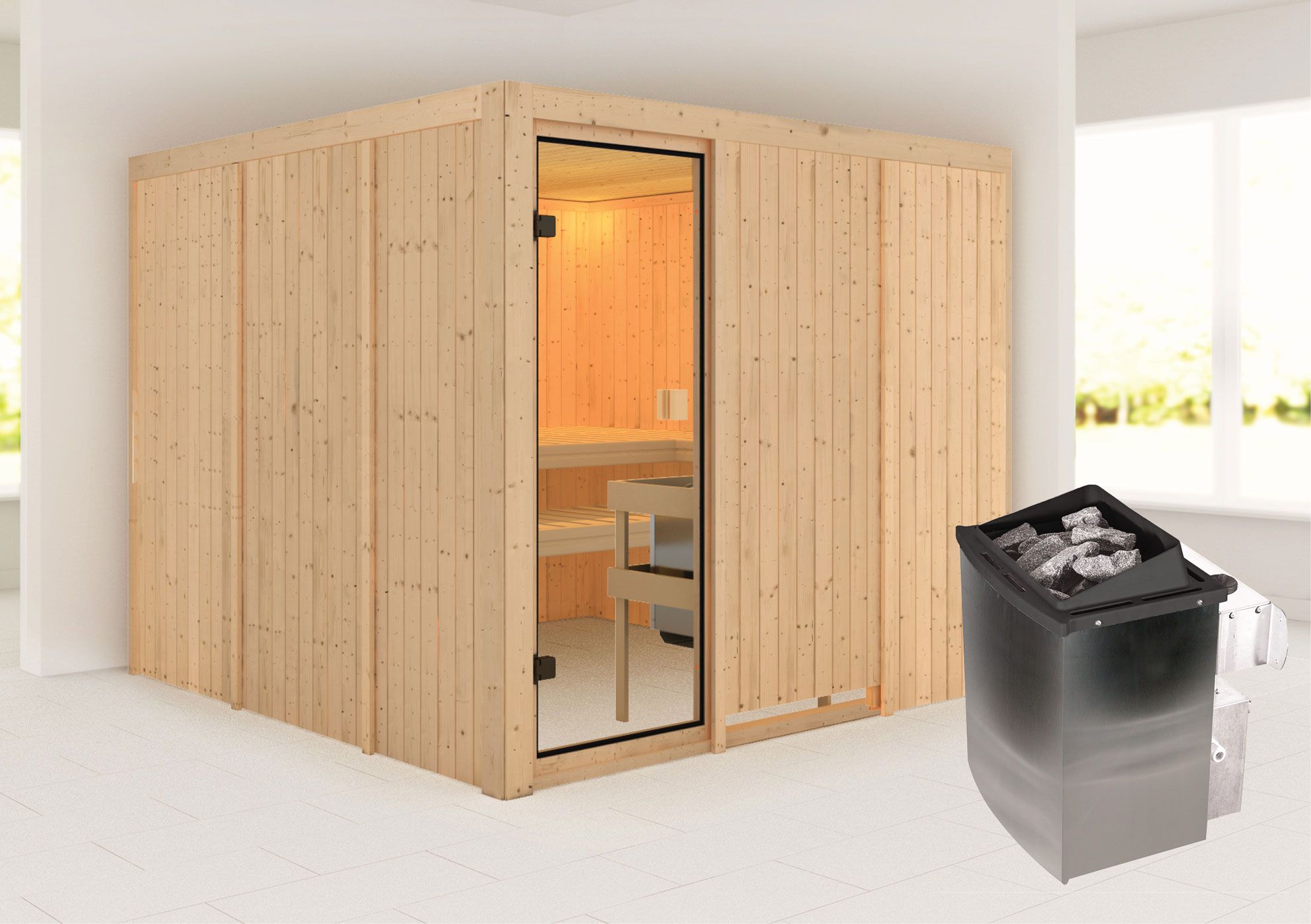 Sauna "Eldar" SET mit bronzierter Tür - Farbe: Natur, Ofen 9 kW - 231 x 231 x 198 cm (B x T x H)