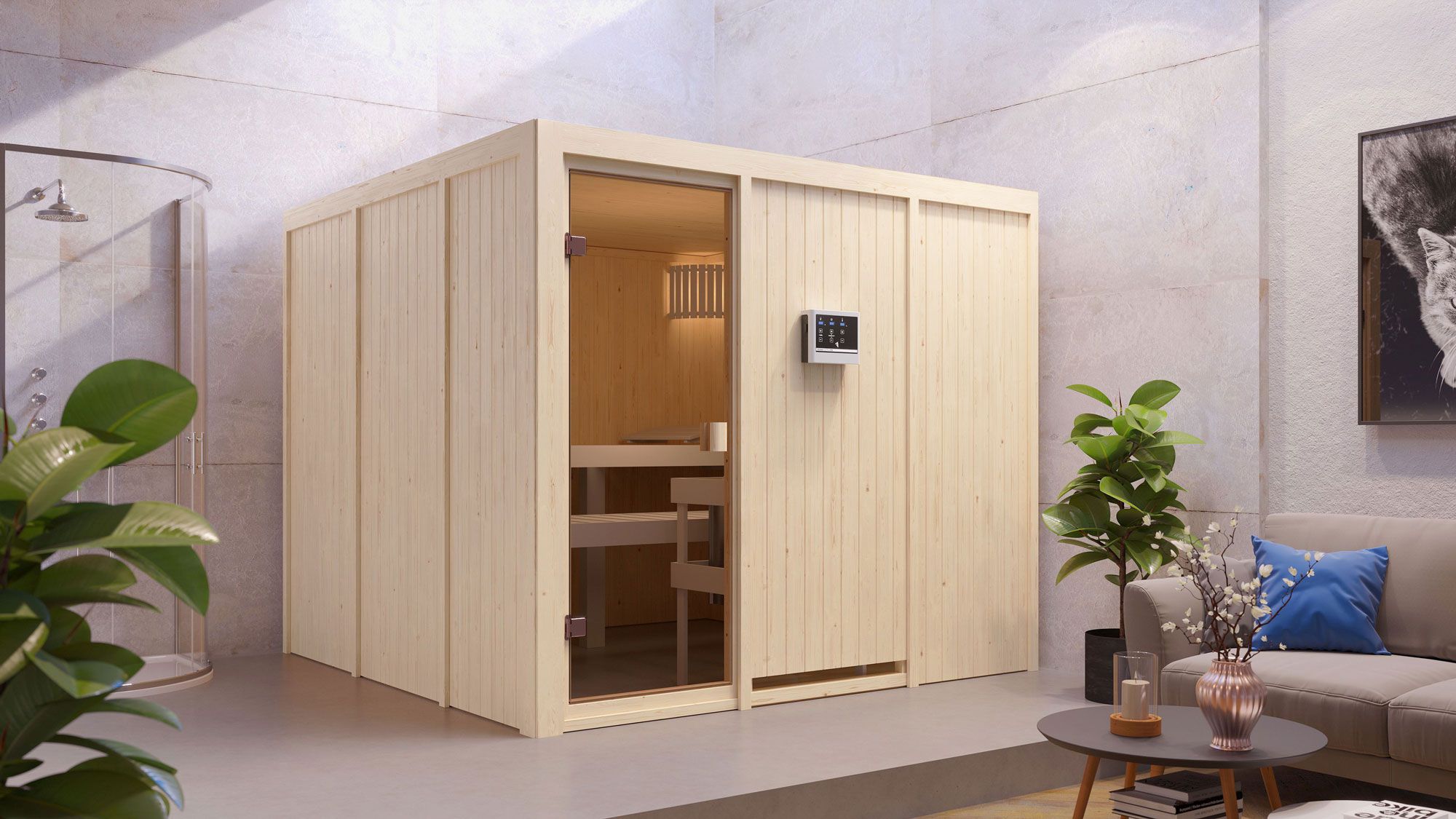 Sauna "Eldar" SET mit bronzierter Tür - Farbe: Natur, Ofen externe Steuerung easy 9 kW - 231 x 231 x 198 cm (B x T x H)