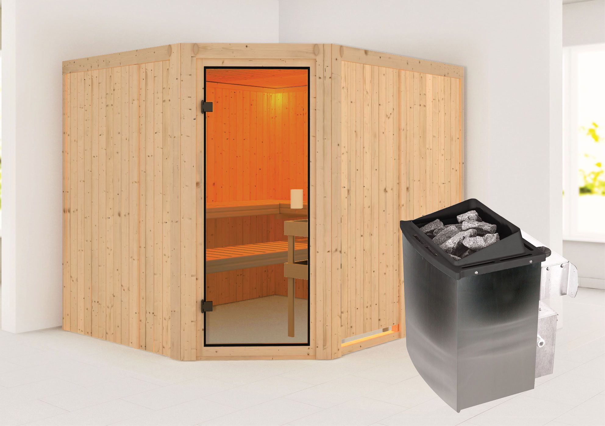 Sauna "Ando" SET mit bronzierter Tür - Farbe: Natur, Ofen 9 kW - 231 x 196 x 198 cm (B x T x H)