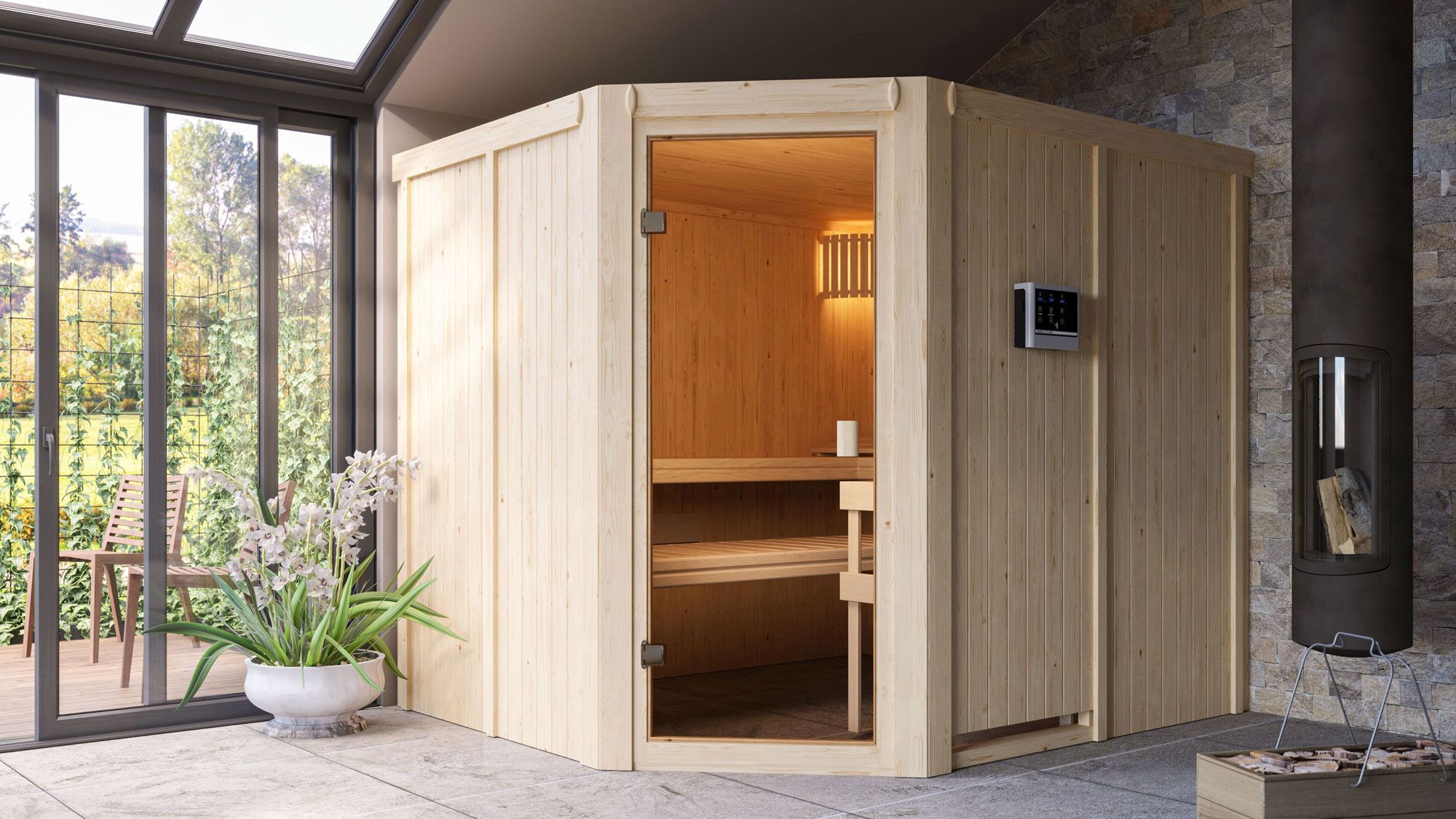 Sauna "Ando" SET mit bronzierter Tür - Farbe: Natur, Ofen externe Steuerung easy 9 kW - 231 x 196 x 198 cm (B x T x H)