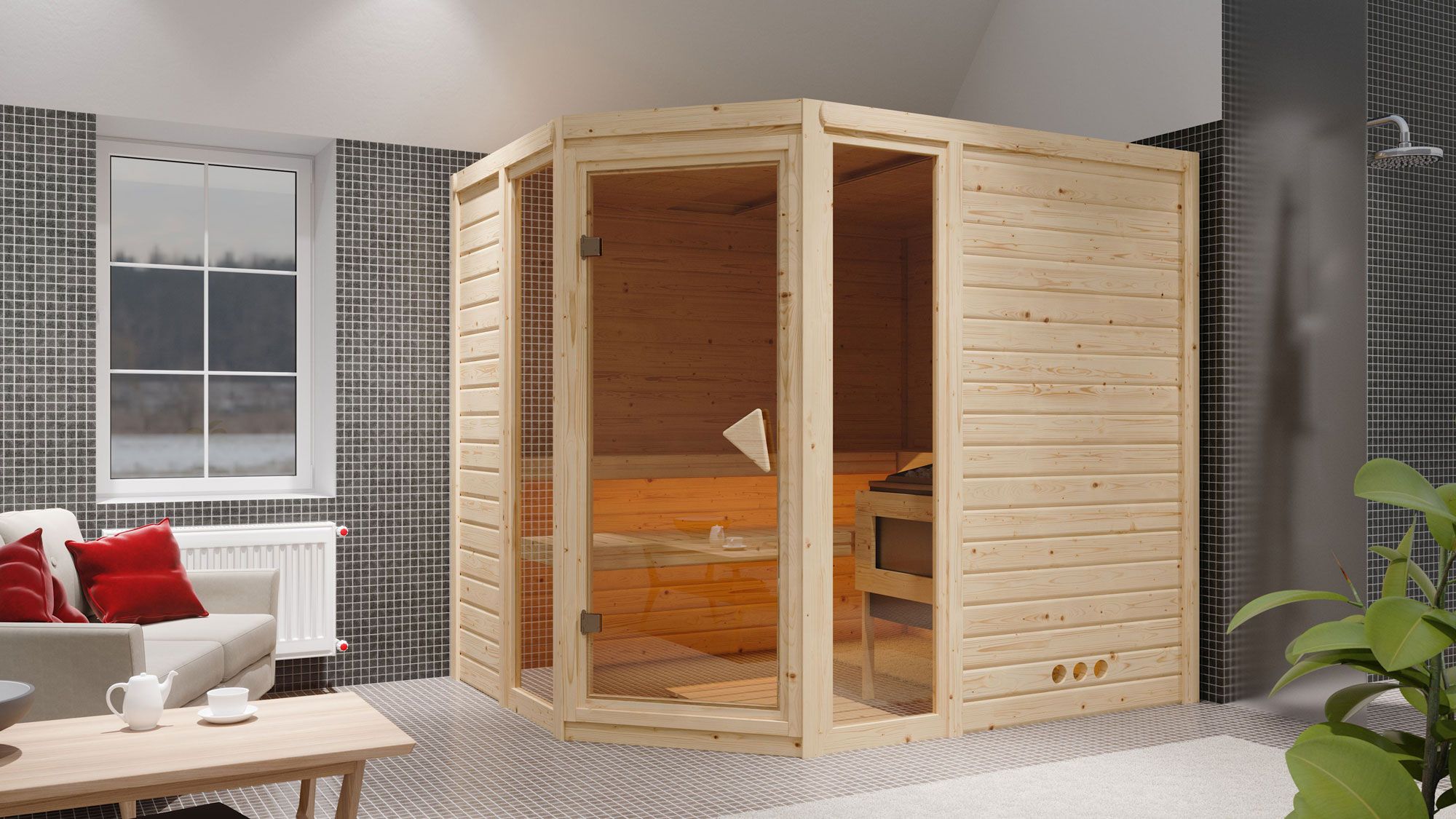 Sauna "Sunniva 3" SET mit bronzierter Tür & Ofen 9 kW Edelstahl - 236 x 184 x 209 cm (B x T x H)