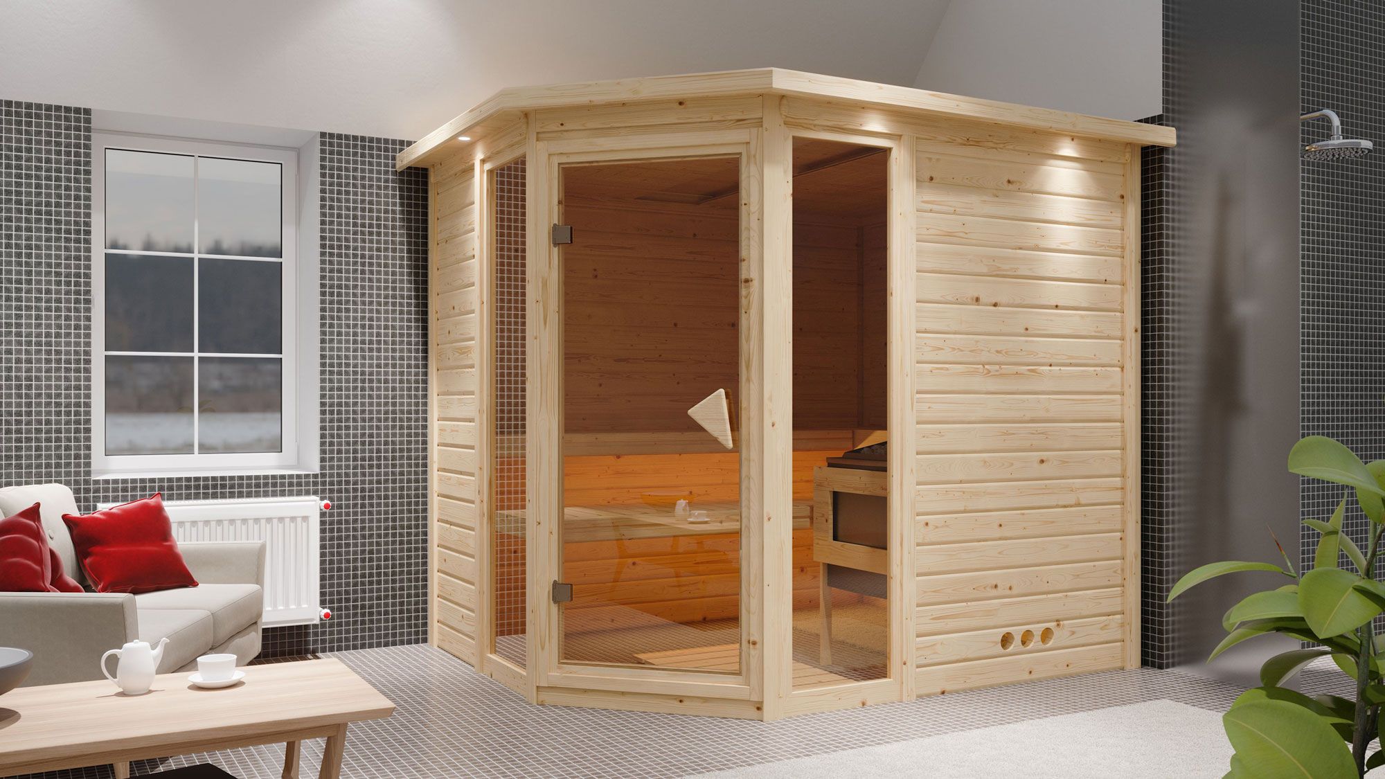 Sauna "Sunniva 3" SET mit bronzierter Tür und Kranz  mit Ofen BIO 9 kW Edelstahl - 264 x 198 x 212 cm (B x T x H)