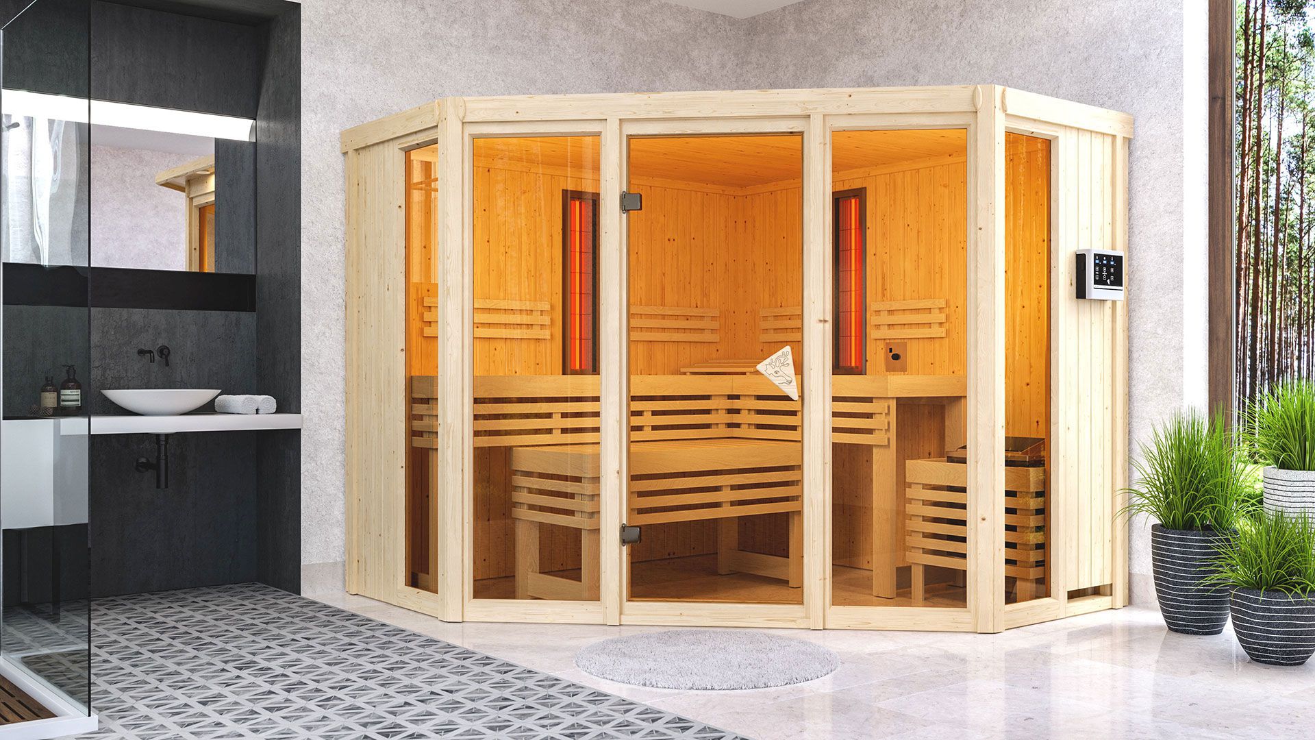 Infrarotkabine "Alvara" SET mit bronzierter Tür - Farbe: Natur, Ofen externe Steuerung easy 9 kW - 231 x 231 x 198 cm (B x T x H)