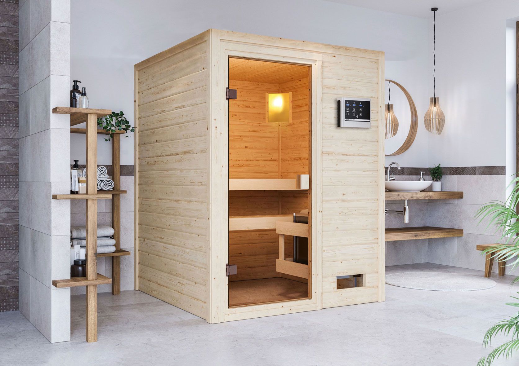 Sauna "Eivind" SET mit bronzierter Tür - Farbe: Natur, Ofen externe Steuerung easy 3,6 kW - 145 x 145 x 187 cm (B x T x H)