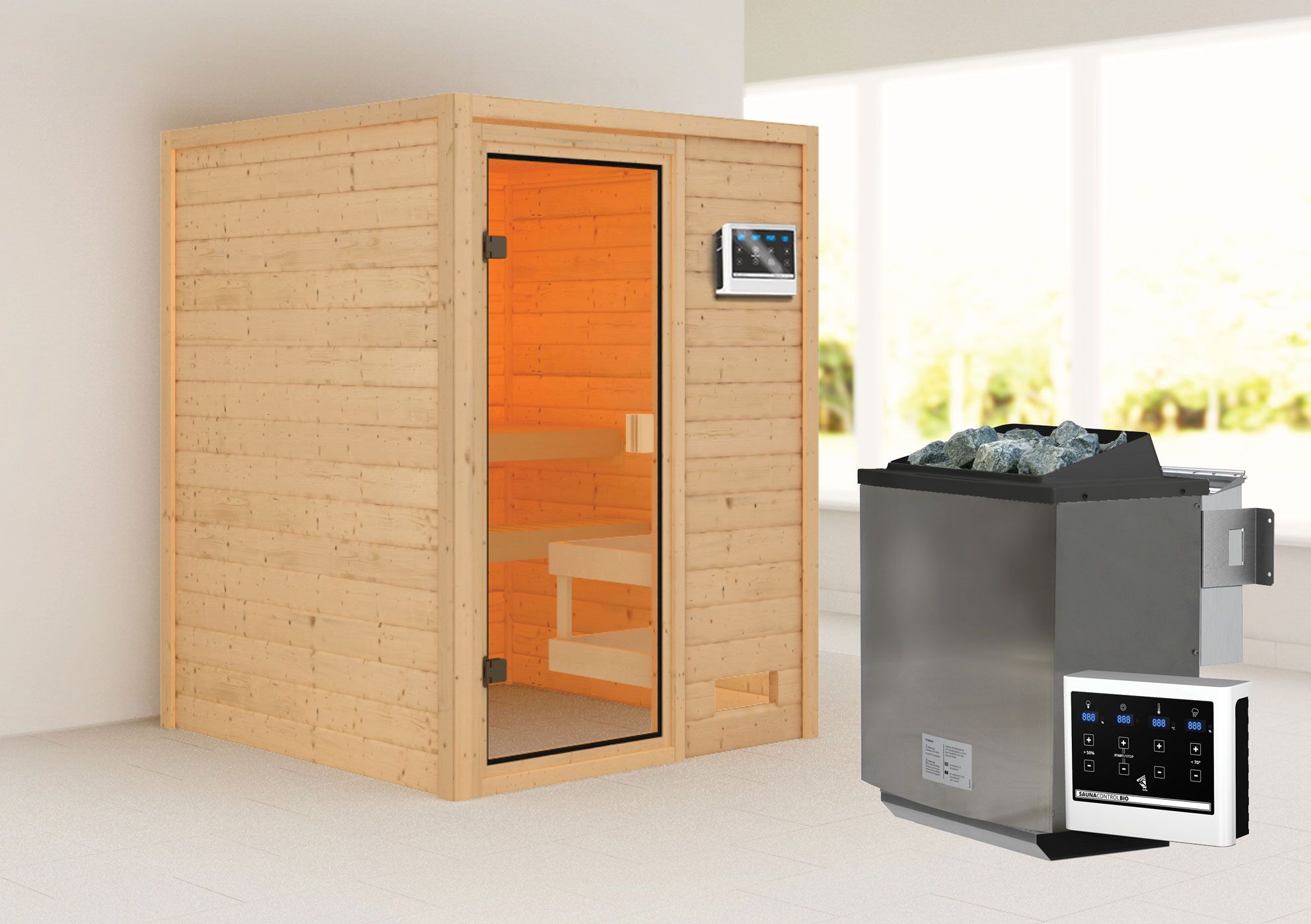 Sauna "Eivind" SET mit bronzierter Tür - Farbe: Natur, Ofen BIO 9 kW - 145 x 145 x 187 cm (B x T x H)