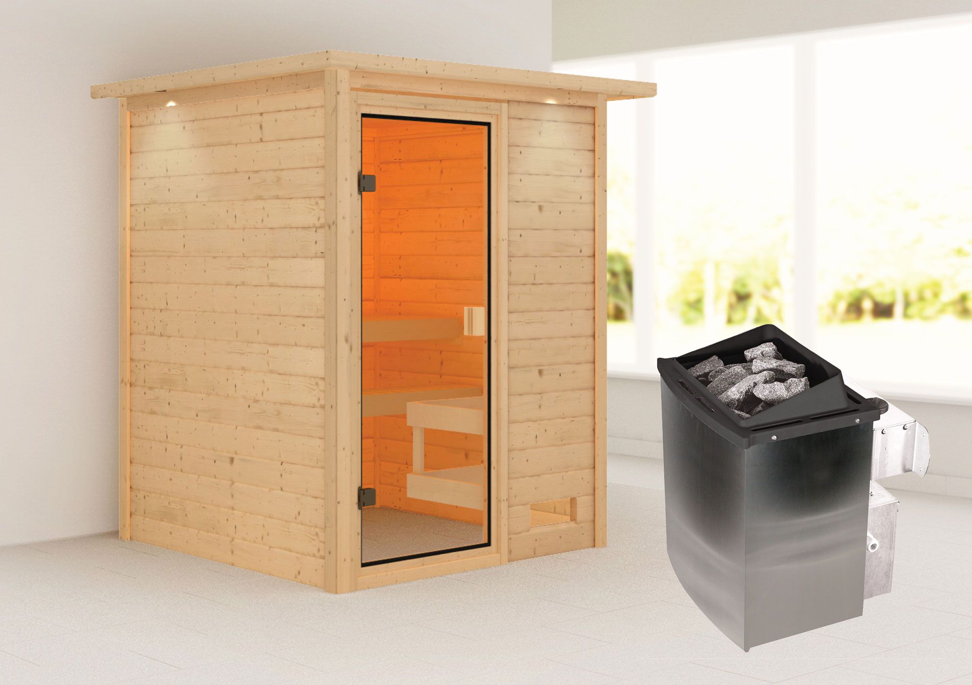 Sauna "Eivind" SET mit bronzierter Tür und Kranz - Farbe: Natur, Ofen 9 kW - 173 x 159 x 191 cm (B x T x H)