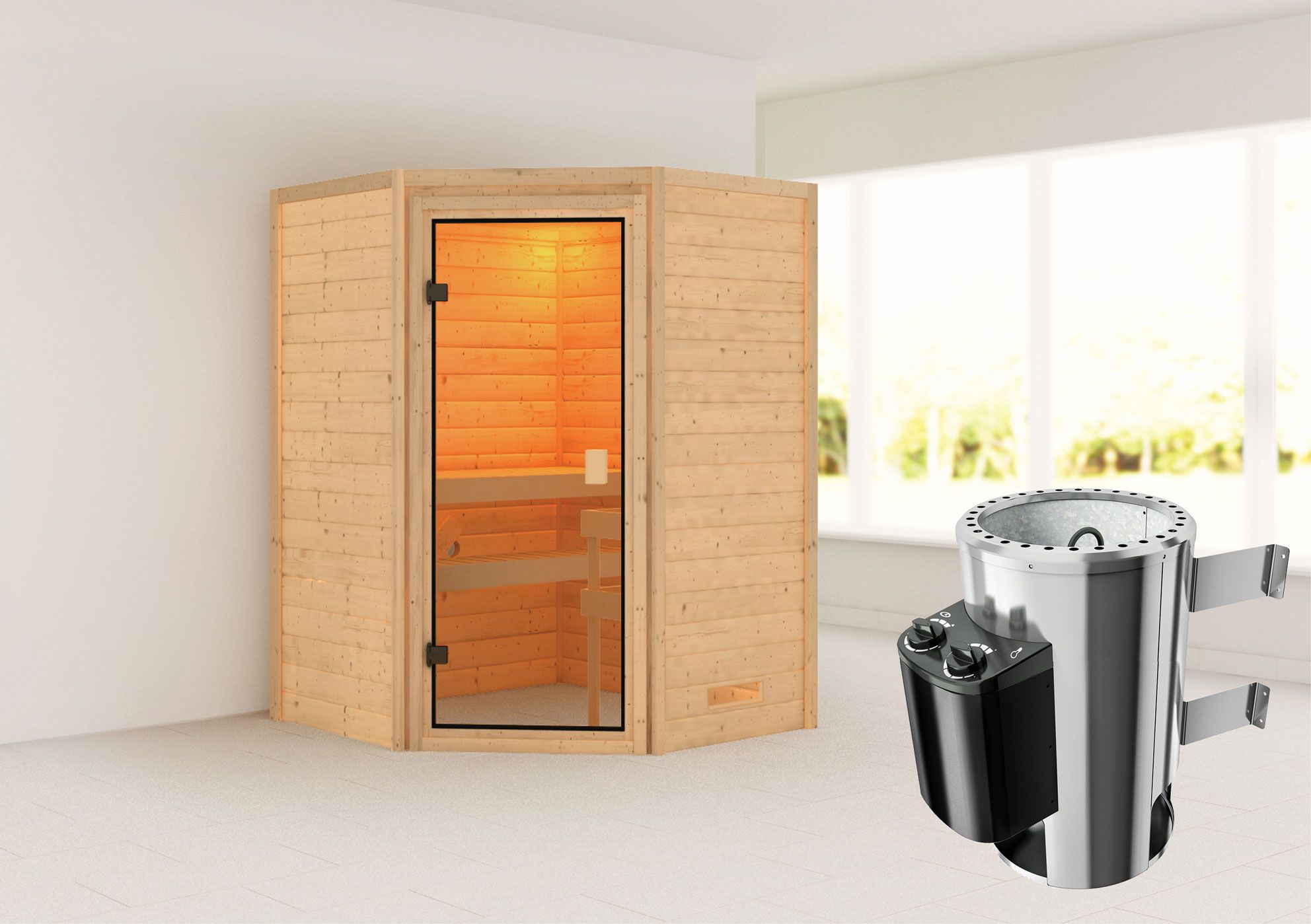 Sauna "Henrik" SET mit bronzierter Tür - Farbe: Natur, Ofen 3,6 kW - 145 x 145 x 187 cm (B x T x H)