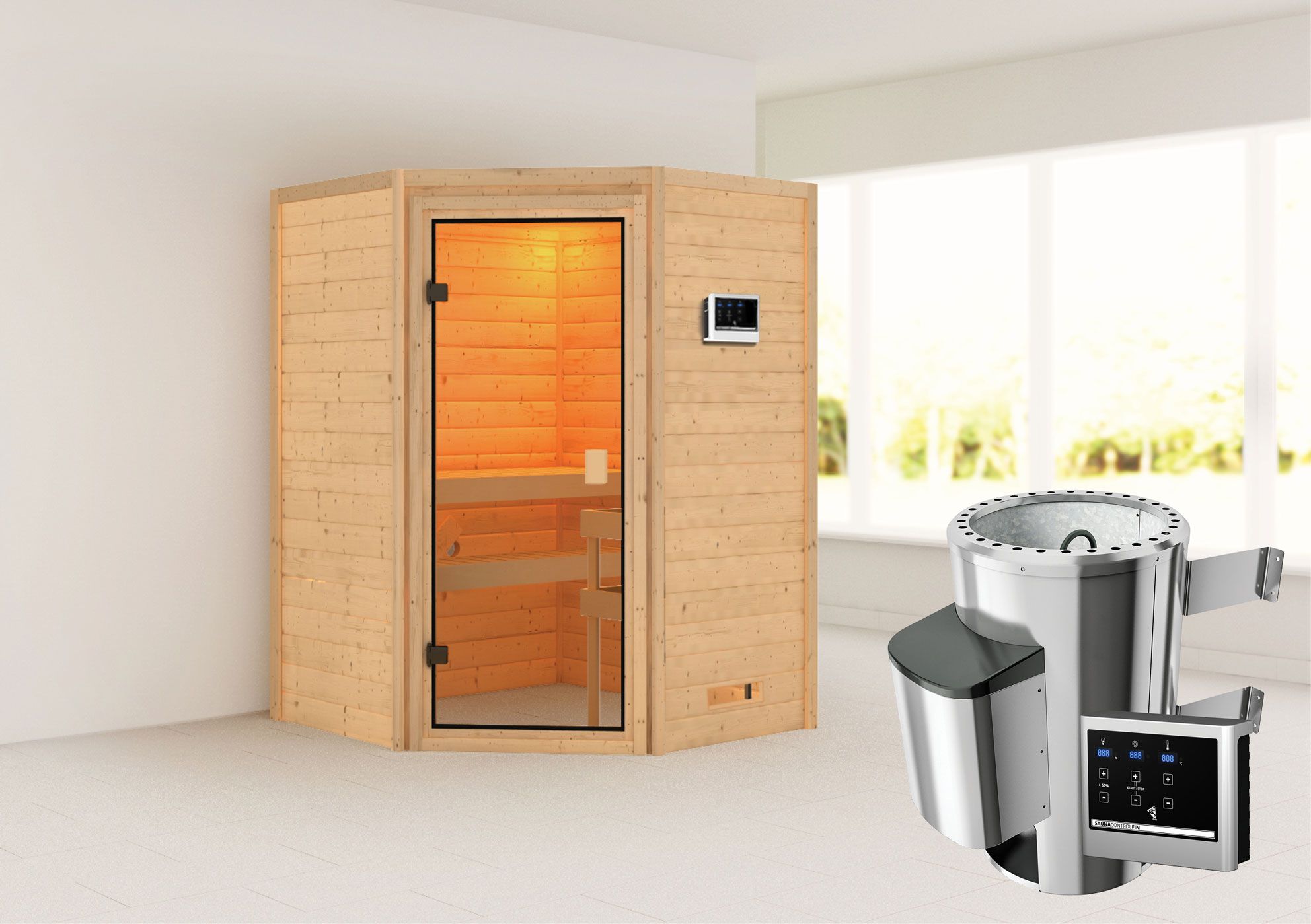 Sauna "Henrik" SET mit bronzierter Tür - Farbe: Natur, Ofen externe Steuerung easy 3,6 kW - 145 x 145 x 187 cm (B x T x H)