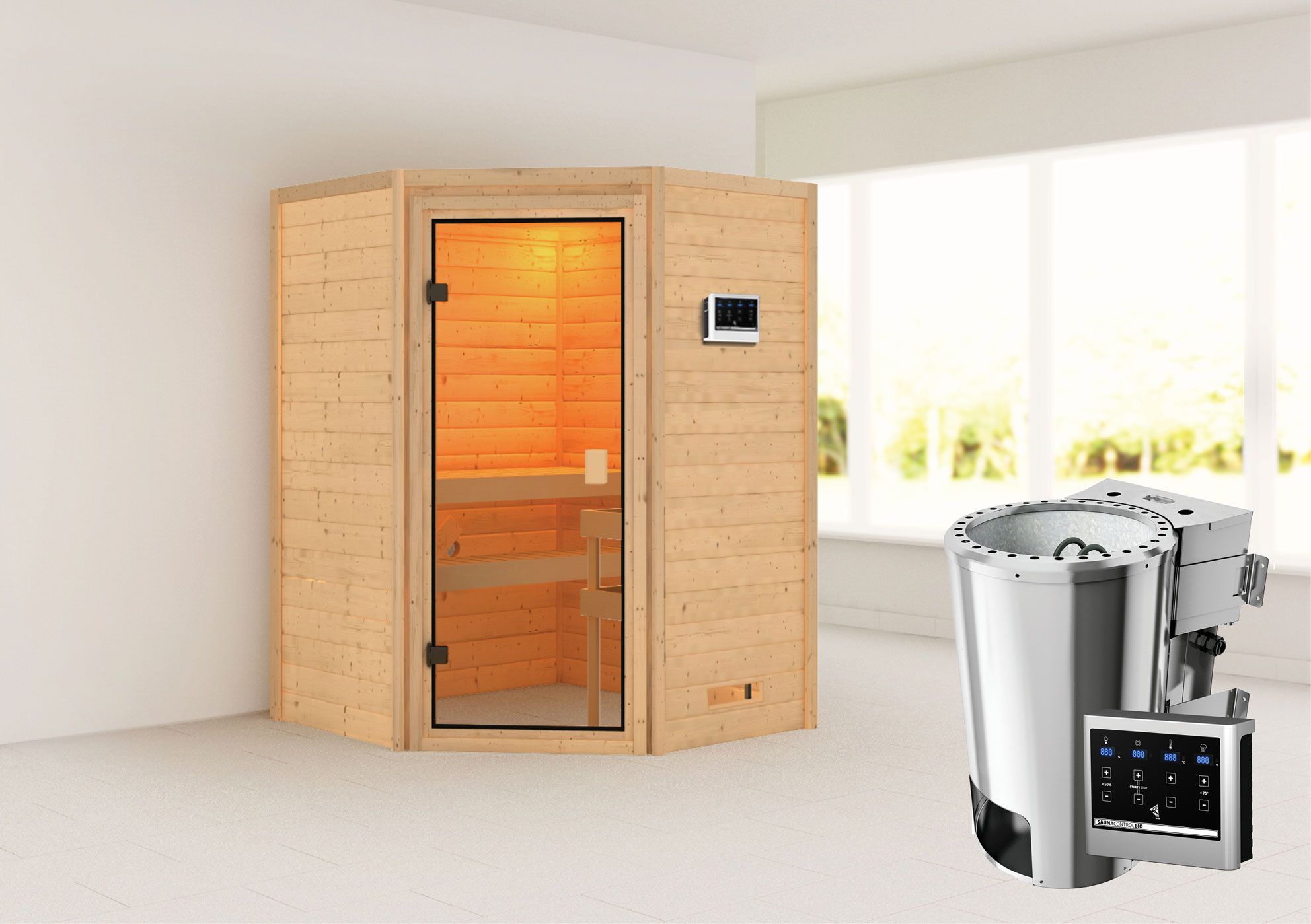 Sauna "Henrik" SET mit bronzierter Tür - Farbe: Natur, Ofen BIO 3,6 kW - 145 x 145 x 187 cm (B x T x H)
