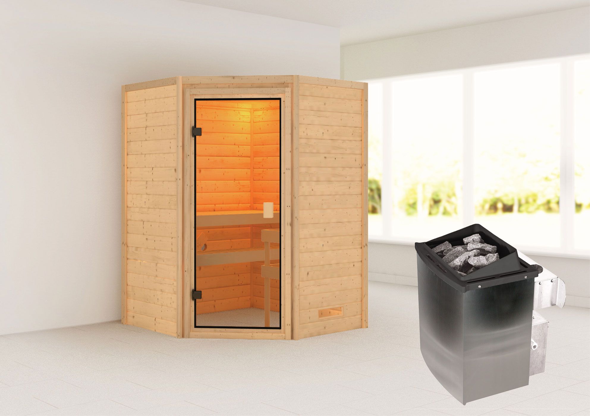 Sauna "Henrik" SET mit bronzierter Tür - Farbe: Natur, Ofen 9 kW - 145 x 145 x 187 cm (B x T x H)