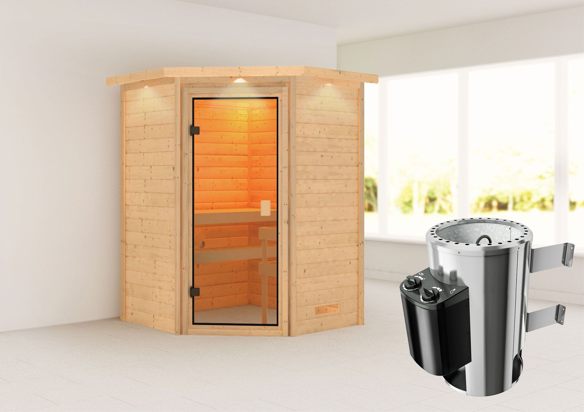 Sauna "Henrik" SET mit bronzierter Tür und Kranz - Farbe: Natur, Ofen 3,6 kW - 173 x 159 x 191 cm (B x T x H)