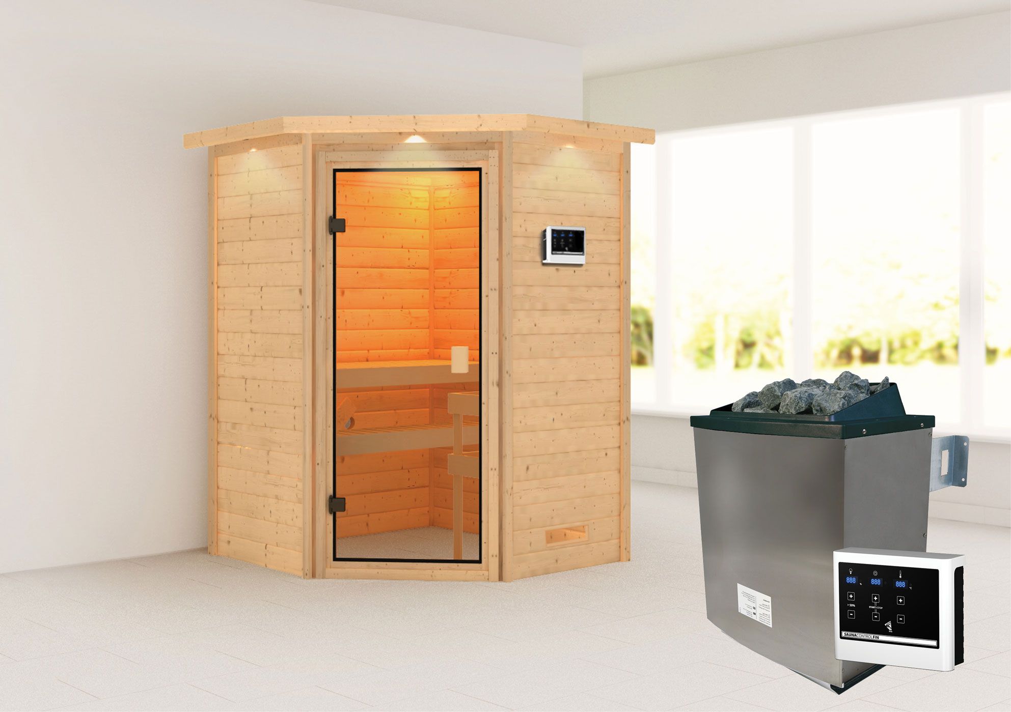 Sauna "Henrik" SET mit bronzierter Tür und Kranz - Farbe: Natur, Ofen externe Steuerung easy 9 kW - 173 x 159 x 191 cm (B x T x H)