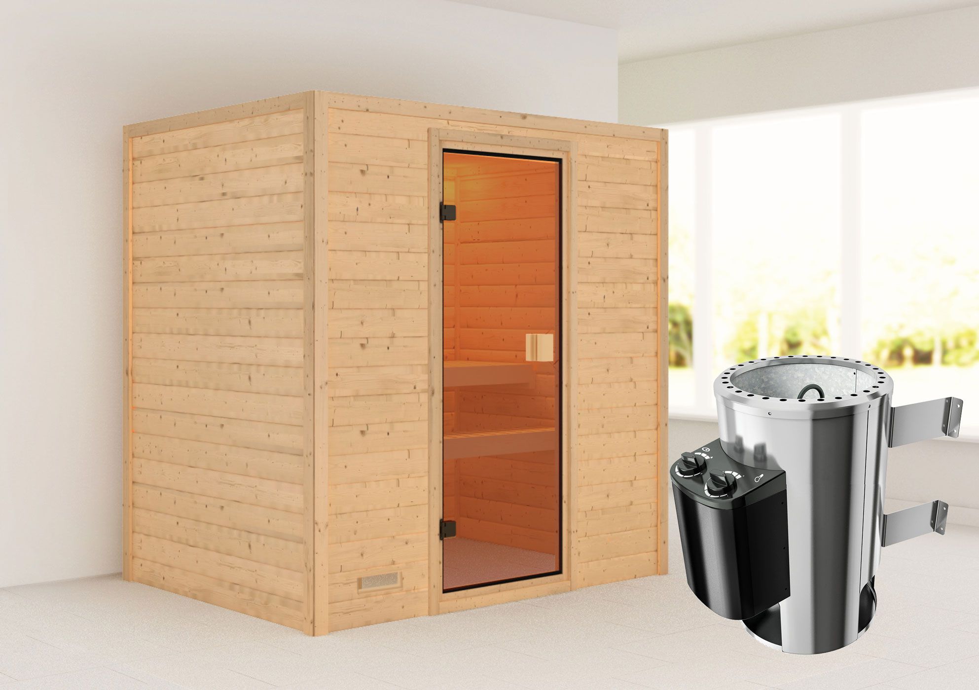 Sauna "Fynn" SET mit bronzierter Tür - Farbe: Natur, Ofen 3,6 kW - 195 x 145 x 187 cm (B x T x H)