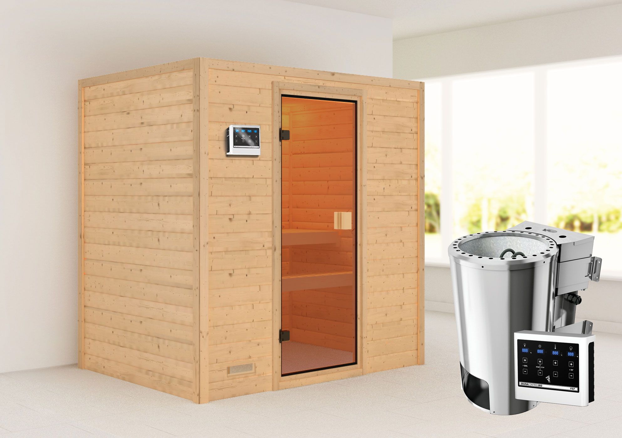 Sauna "Fynn" SET mit bronzierter Tür - Farbe: Natur, Ofen BIO 3,6 kW - 195 x 145 x 187 cm (B x T x H)