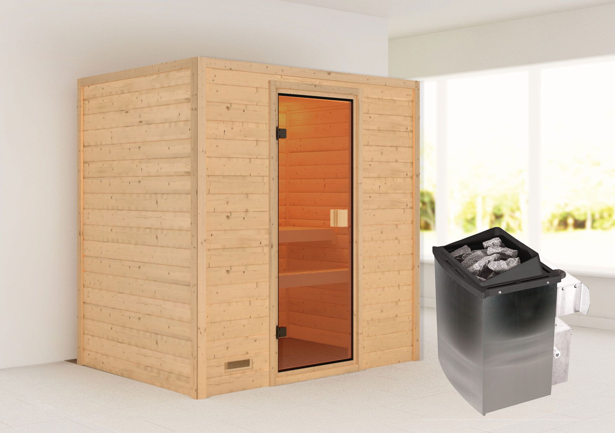 Sauna "Fynn" SET mit bronzierter Tür - Farbe: Natur, Ofen 9 kW - 195 x 145 x 187 cm (B x T x H)