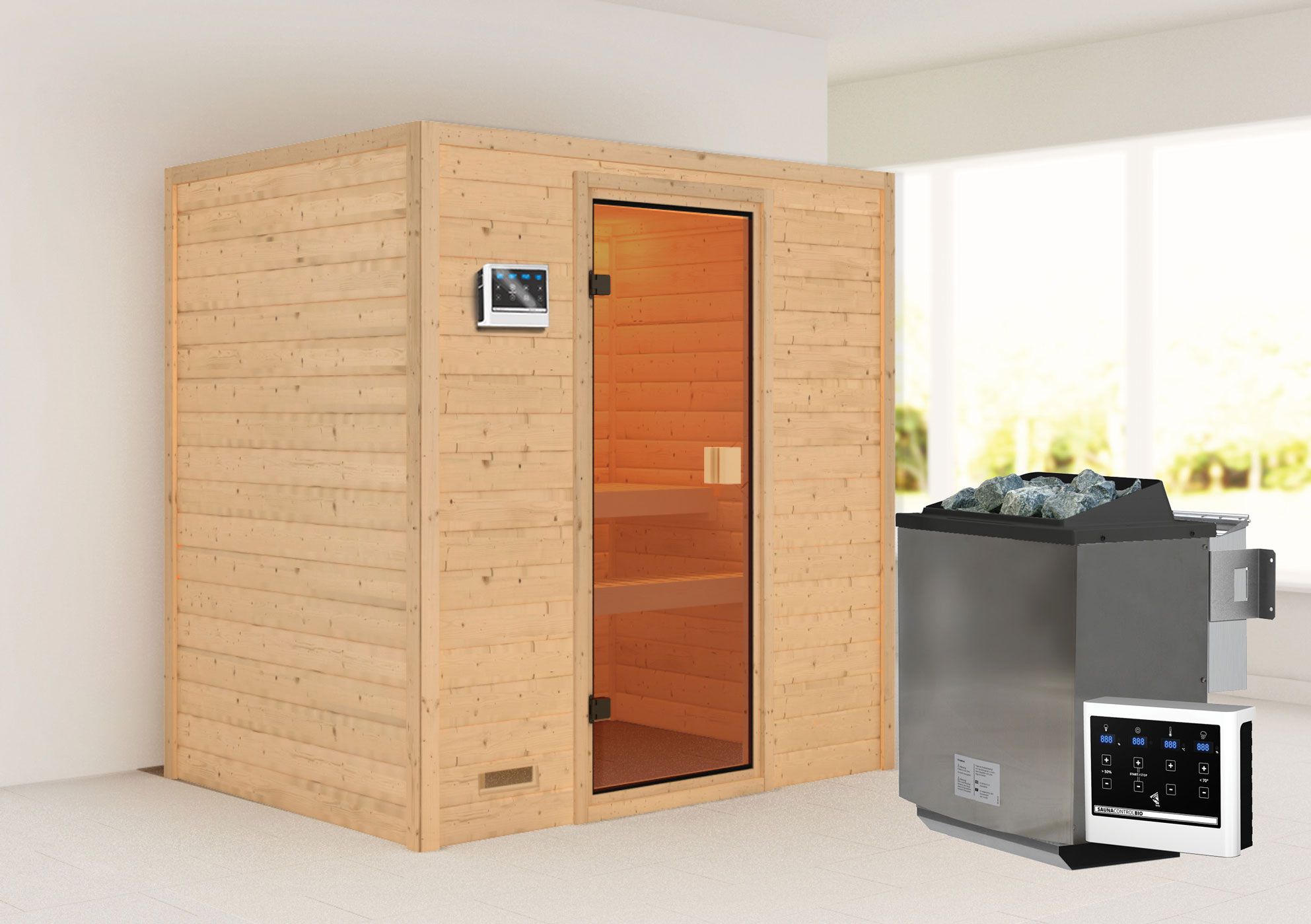 Sauna "Fynn" SET mit bronzierter Tür - Farbe: Natur, Ofen BIO 9 kW - 195 x 145 x 187 cm (B x T x H)