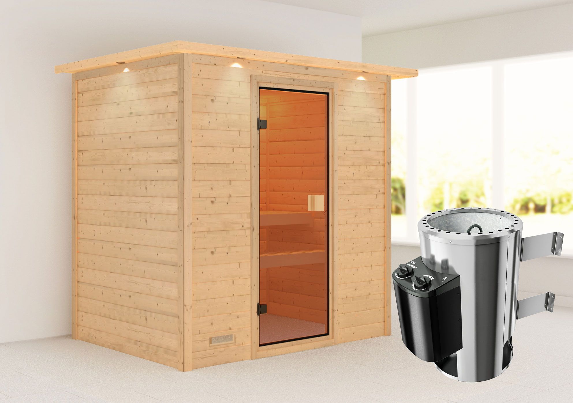 Sauna "Fynn" SET mit bronzierter Tür und Kranz - Farbe: Natur, Ofen 3,6 kW - 223 x 159 x 191 cm (B x T x H)
