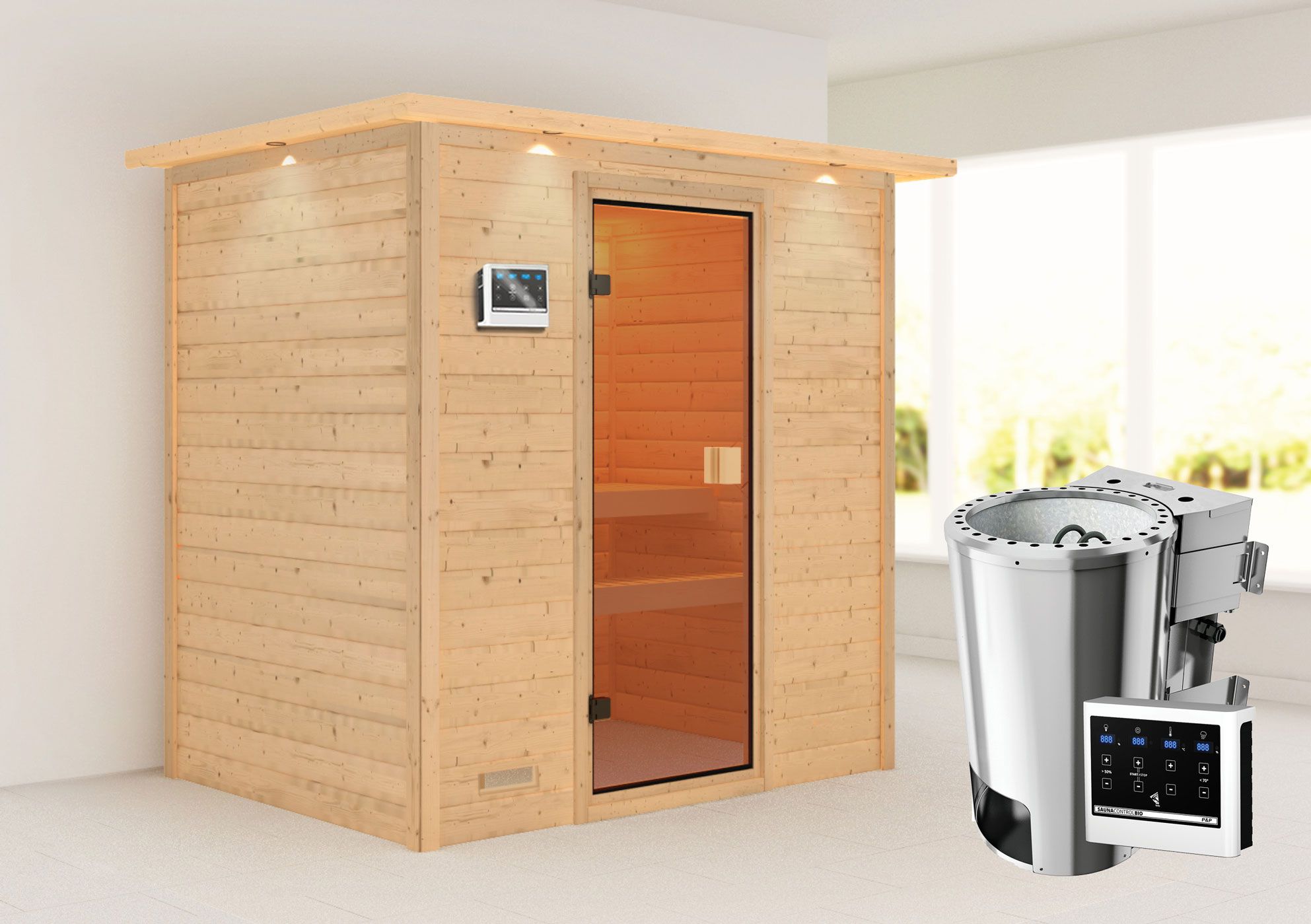 Sauna "Fynn" SET mit bronzierter Tür und Kranz - Farbe: Natur, Ofen BIO 3,6 kW - 223 x 159 x 191 cm (B x T x H)