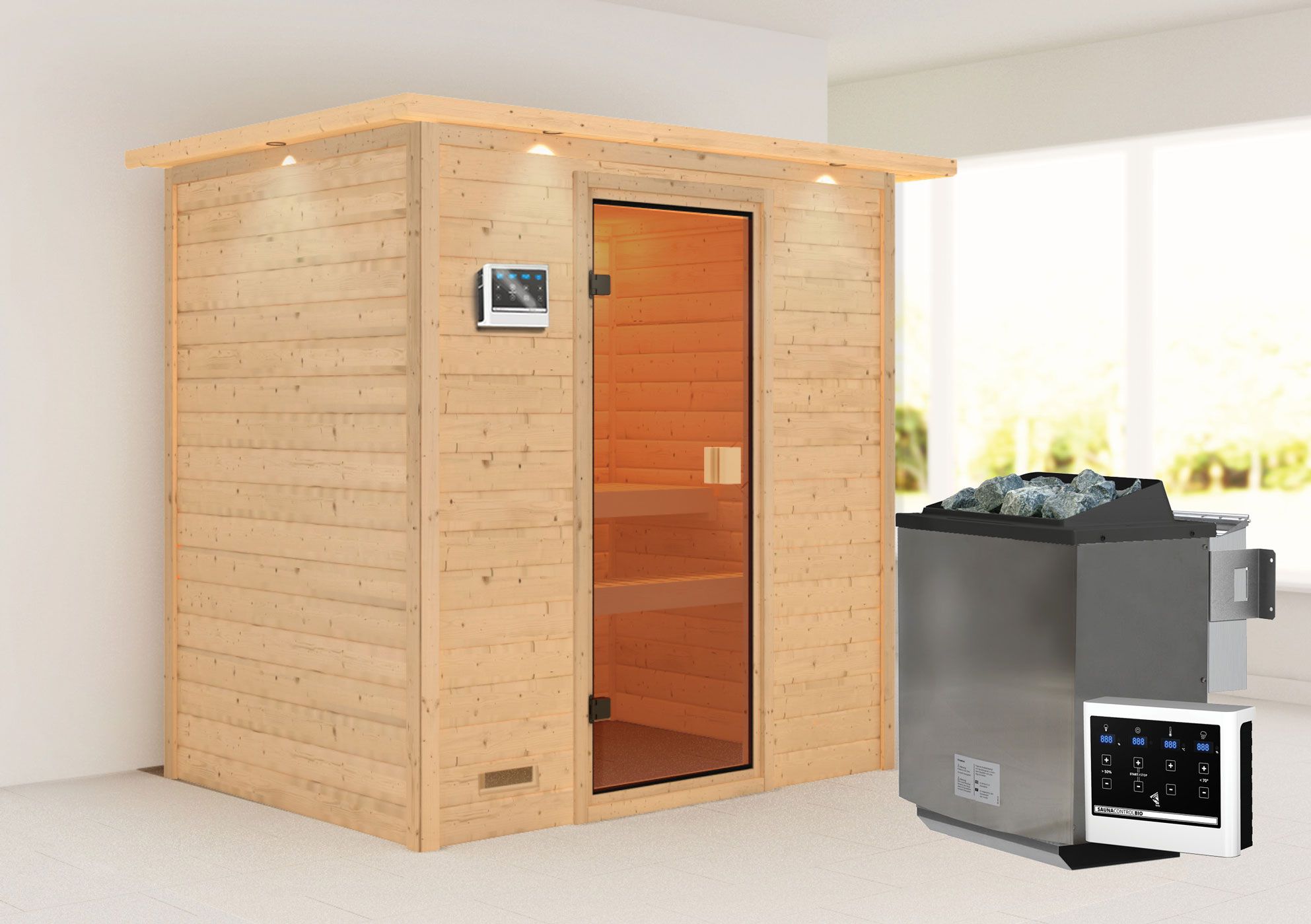 Sauna "Fynn" SET mit bronzierter Tür und Kranz - Farbe: Natur, Ofen BIO 9 kW - 223 x 159 x 191 cm (B x T x H)