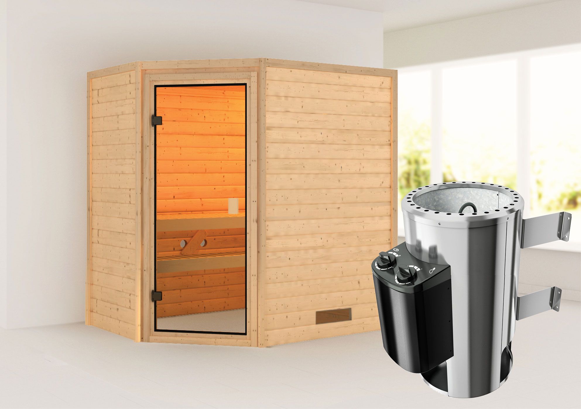 Sauna "Njal" SET mit bronzierter Tür - Farbe: Natur, Ofen 3,6 kW - 195 x 145 x 187 cm (B x T x H)