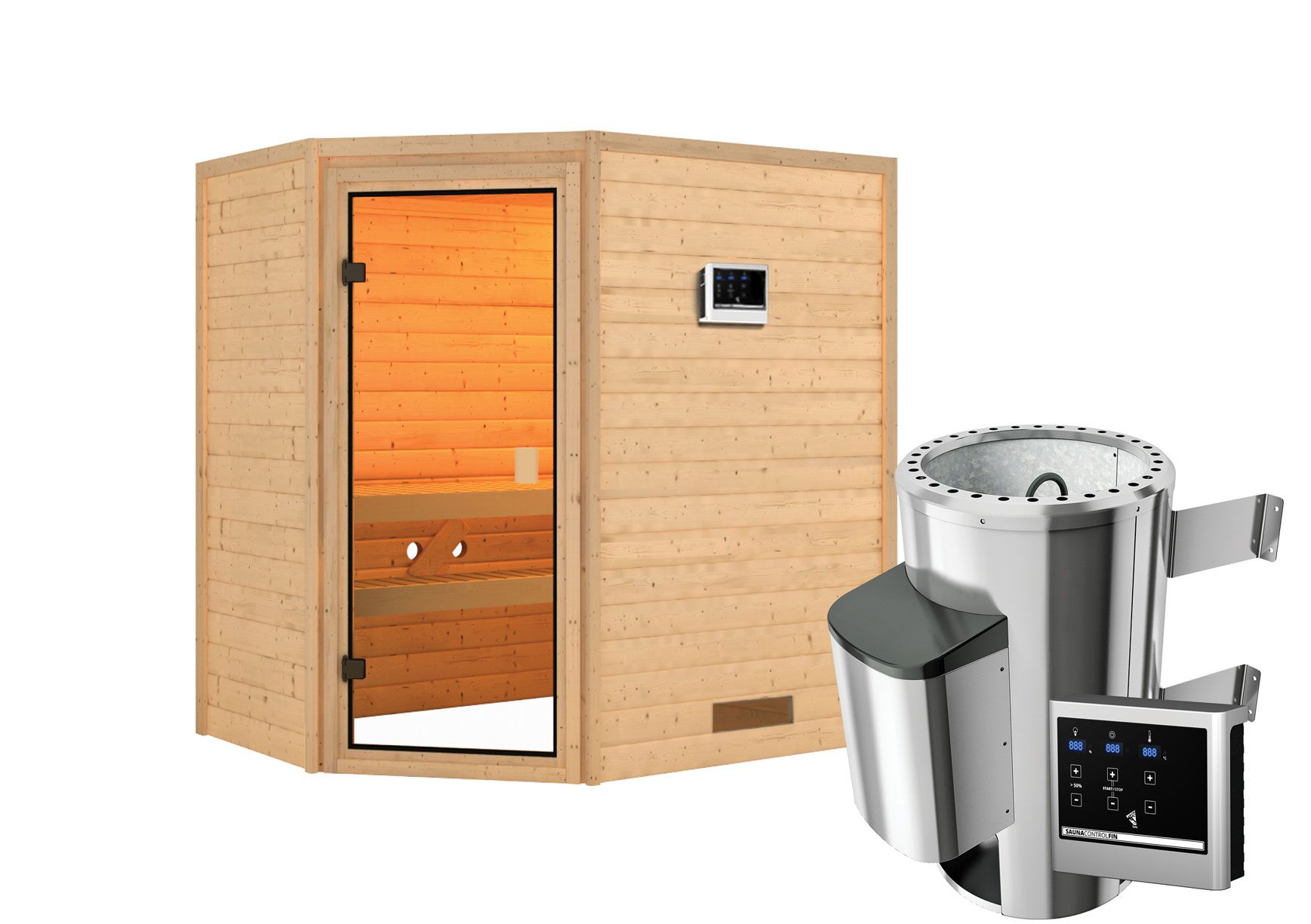 Sauna "Njal" SET mit bronzierter Tür - Farbe: Natur, Ofen externe Steuerung easy 3,6 kW - 195 x 145 x 187 cm (B x T x H)