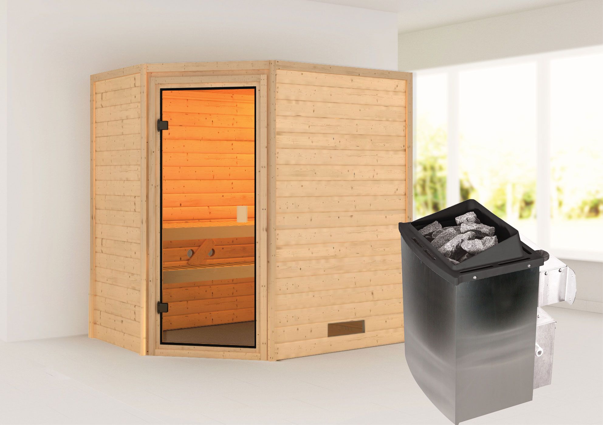 Sauna "Njal" SET mit bronzierter Tür - Farbe: Natur, Ofen 9 kW - 195 x 145 x 187 cm (B x T x H)