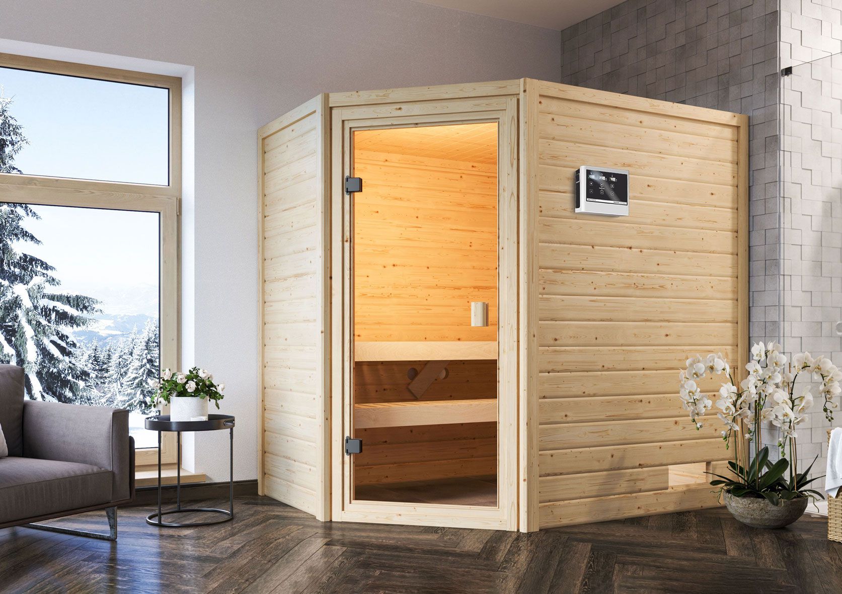 Sauna "Njal" SET mit bronzierter Tür - Farbe: Natur, Ofen externe Steuerung easy 9 kW - 195 x 145 x 187 cm (B x T x H)