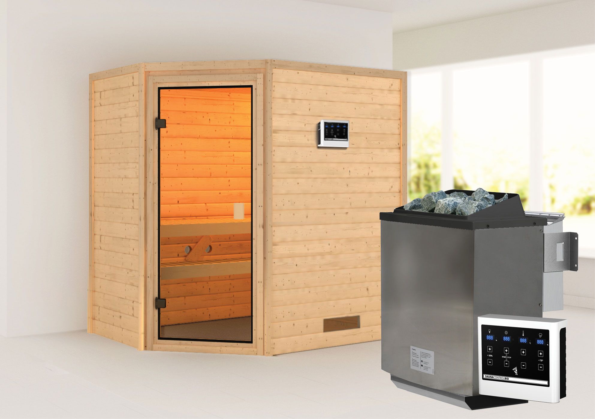 Sauna "Njal" SET mit bronzierter Tür - Farbe: Natur, Ofen BIO 9 kW - 195 x 145 x 187 cm (B x T x H)