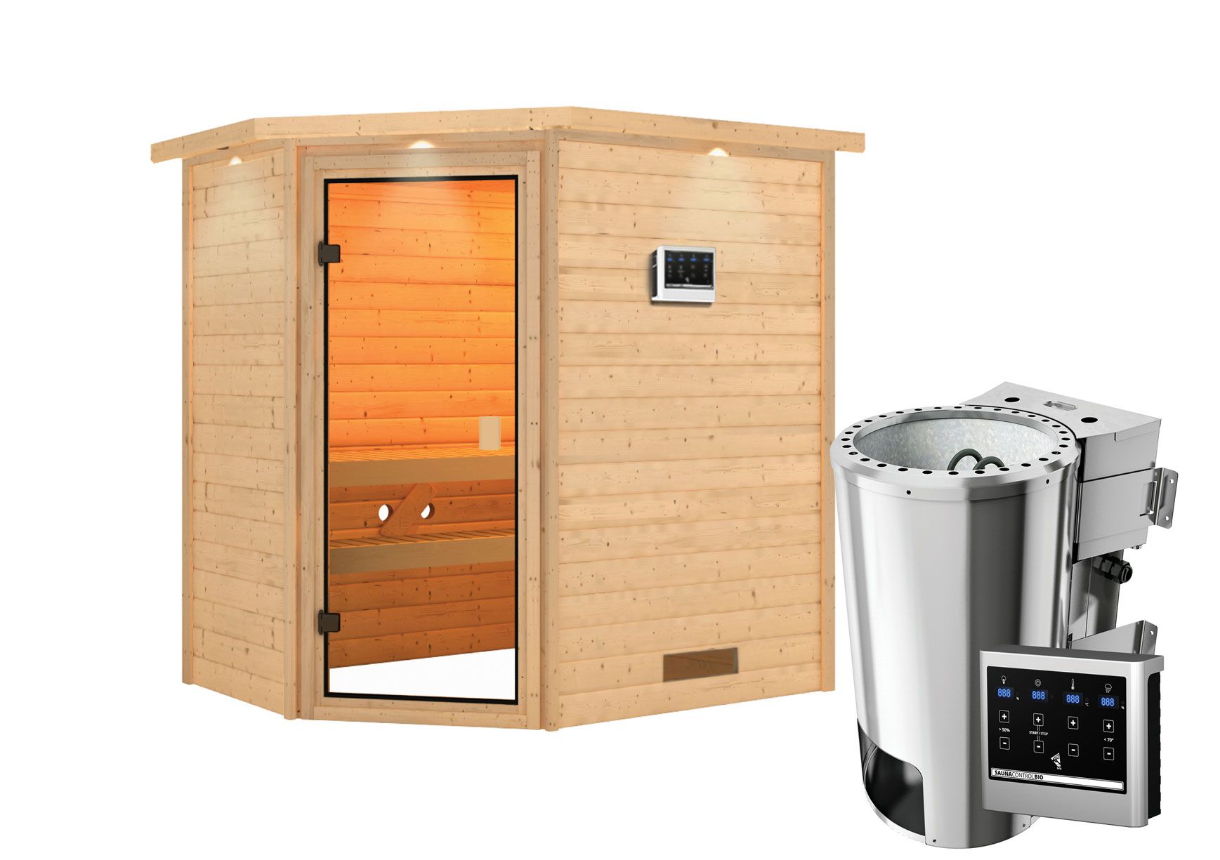 Sauna "Njal" SET mit bronzierter Tür und Kranz - Farbe: Natur, Ofen BIO 3,6 kW - 223 x 159 x 191 cm (B x T x H)