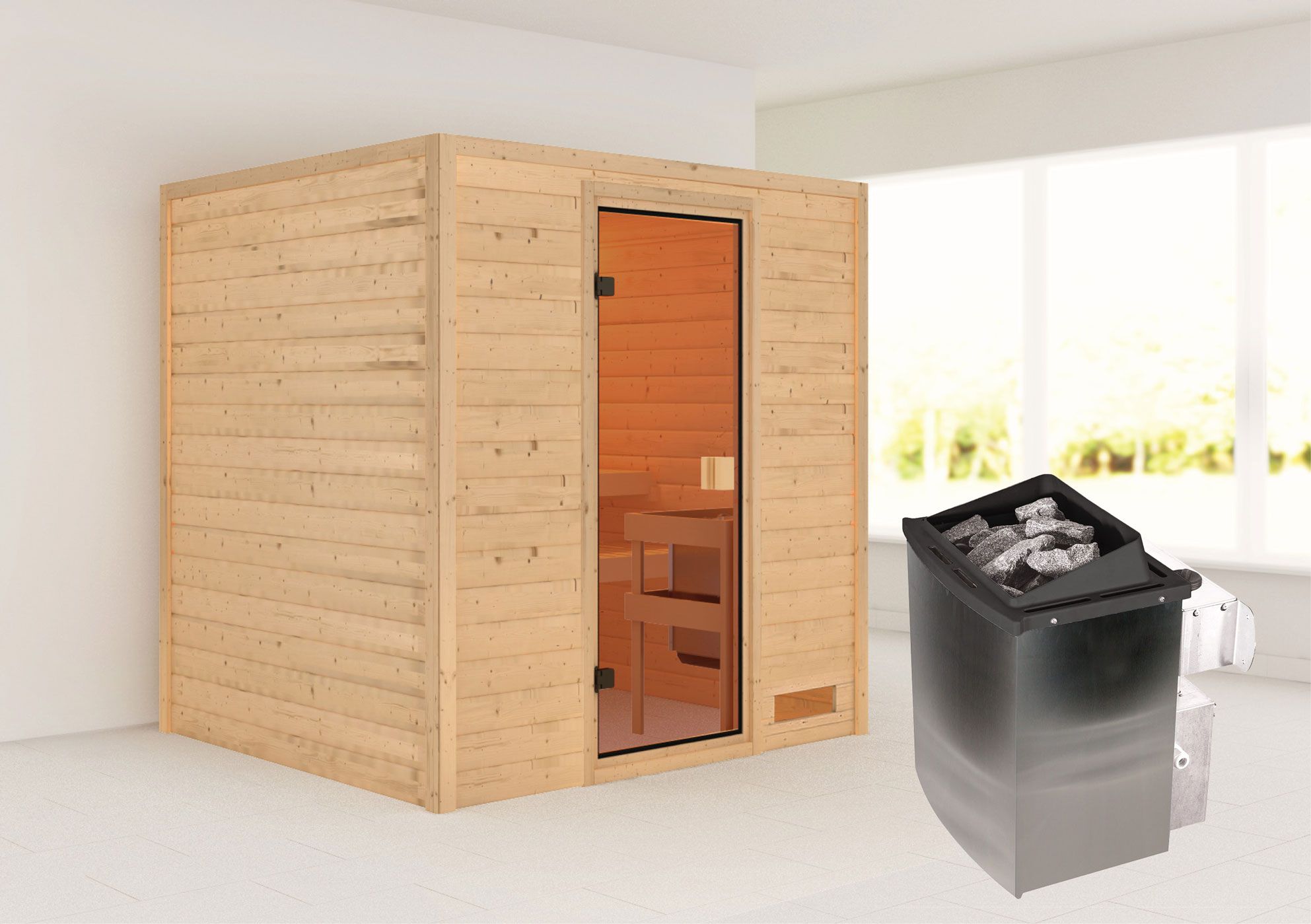 Sauna "Sjur" SET mit bronzierter Tür - Farbe: Natur, Ofen 9 kW - 195 x 169 x 187 cm (B x T x H)